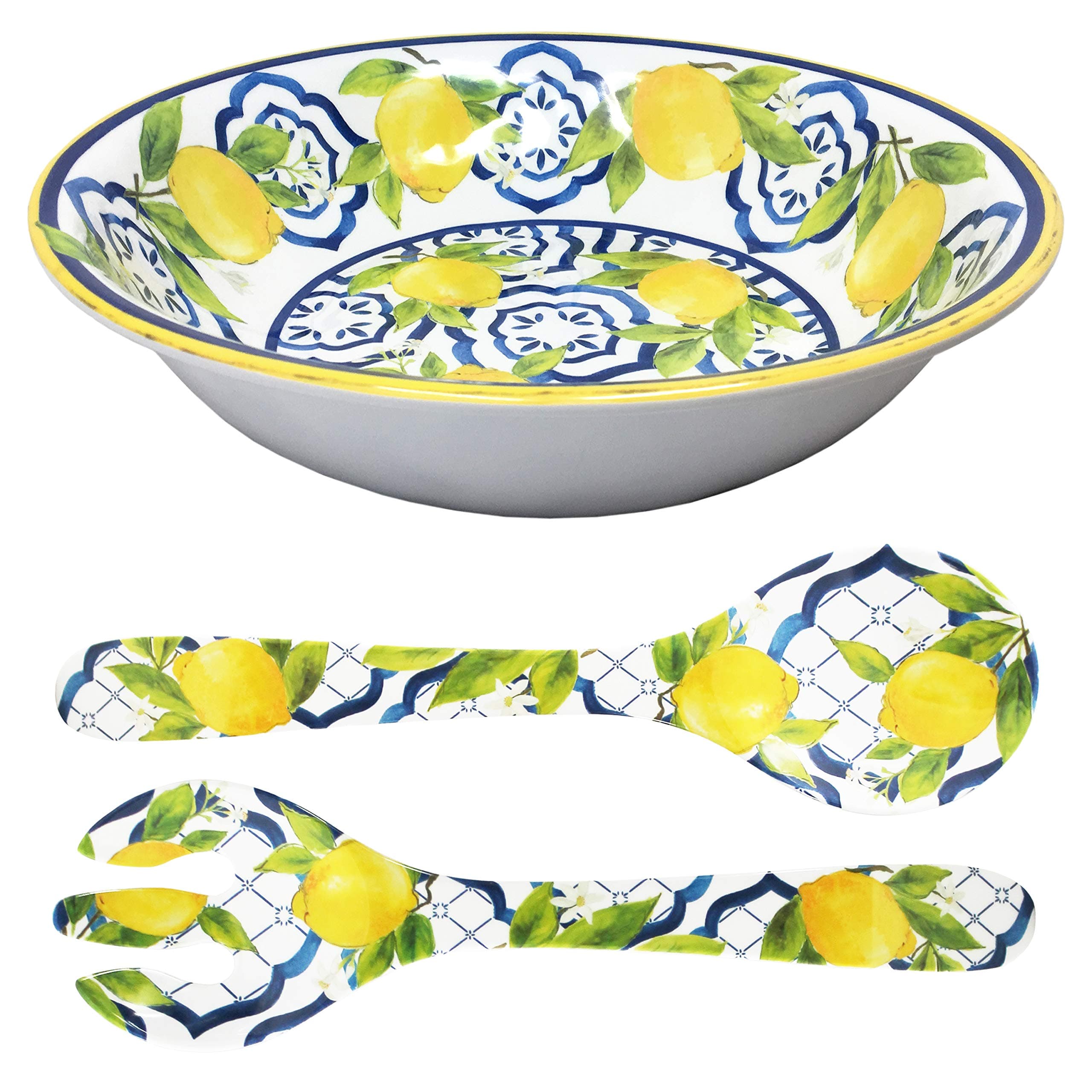 Melamine 13.75 Inch Salad Bowl and Servers Set, Palermo