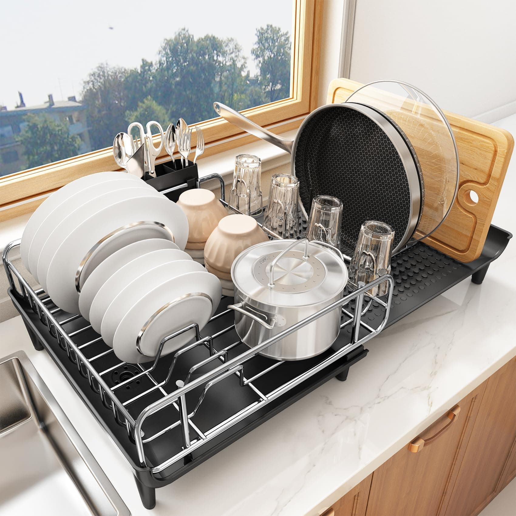 SNTD Dish Drying Rack - Expandable Dish Rack for Kitchen Counter, Large Dish Drainer with Pan Holder, Dish Strainer with Drainboard Cup Holder and Utensil Holder, Black