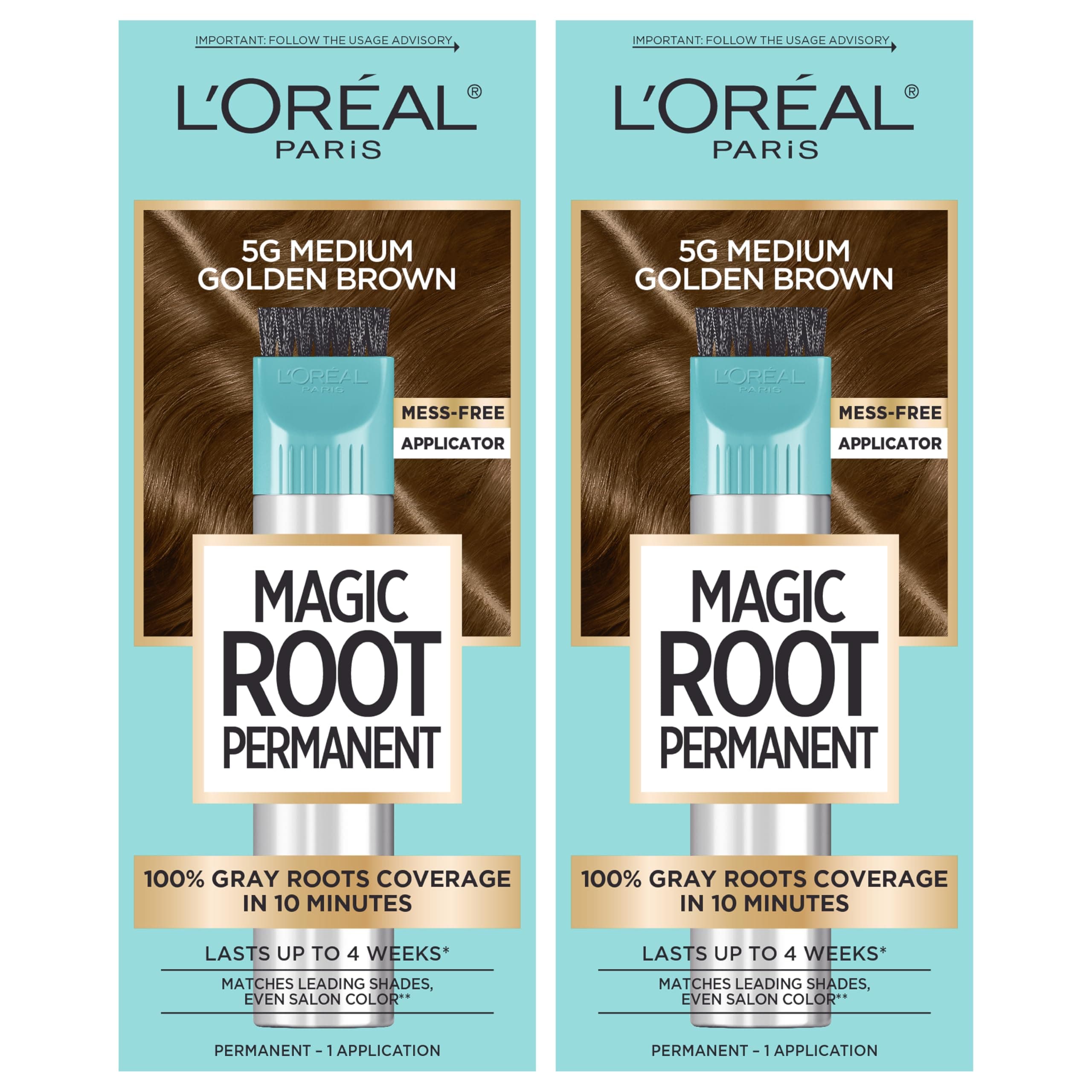L’Oréal Paris L'Oreal Hair Color Root rescue 10 minute root hair coloring kit, permanent hair color with quick precision applicator, 100% gray coverage, 5G Medium Golden Brown, 2 Count