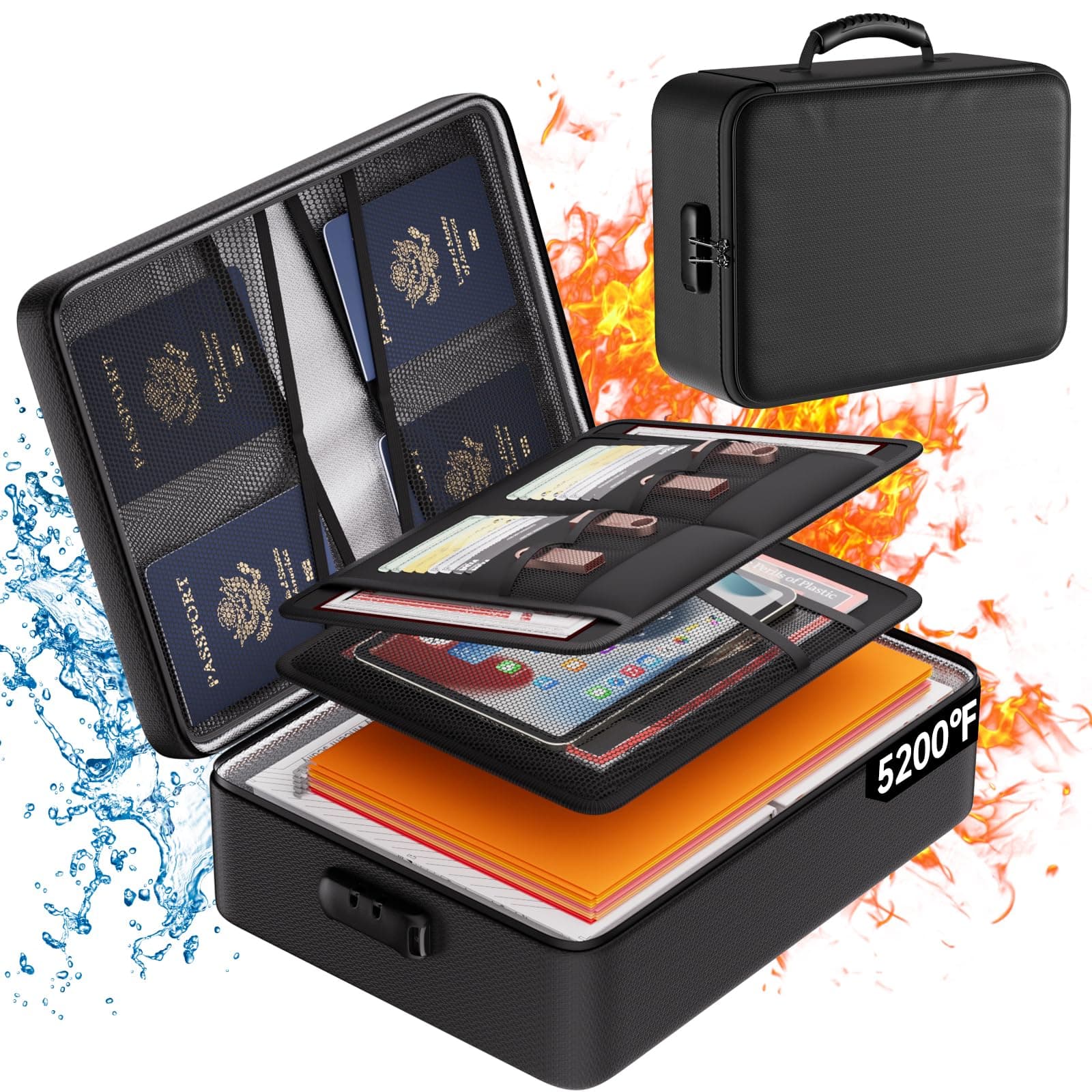 DocSafe 5200°F Document Organizer with Lock,Upgraded Heat Insulated Fireproof&Waterproof Box 8 Layers File Organizer,Portable Home Travel Safe Storage for Important Documents, Files and More