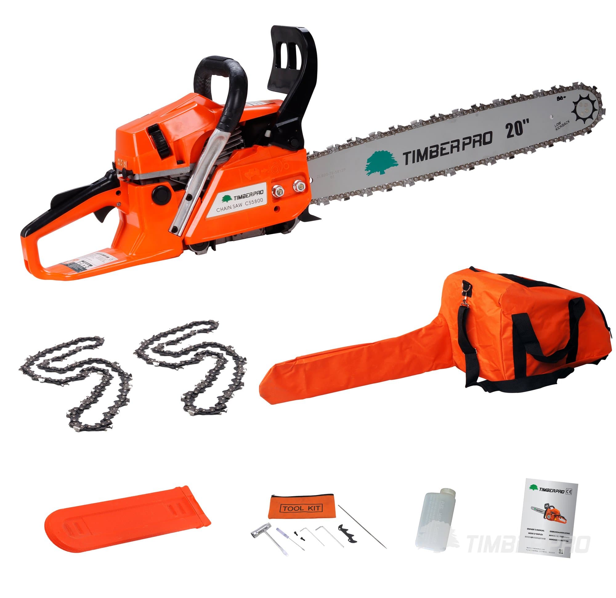 TIMBERPRO58cc 20" Petrol Chainsaw with 2 Chains, Carry Bag and Accessories