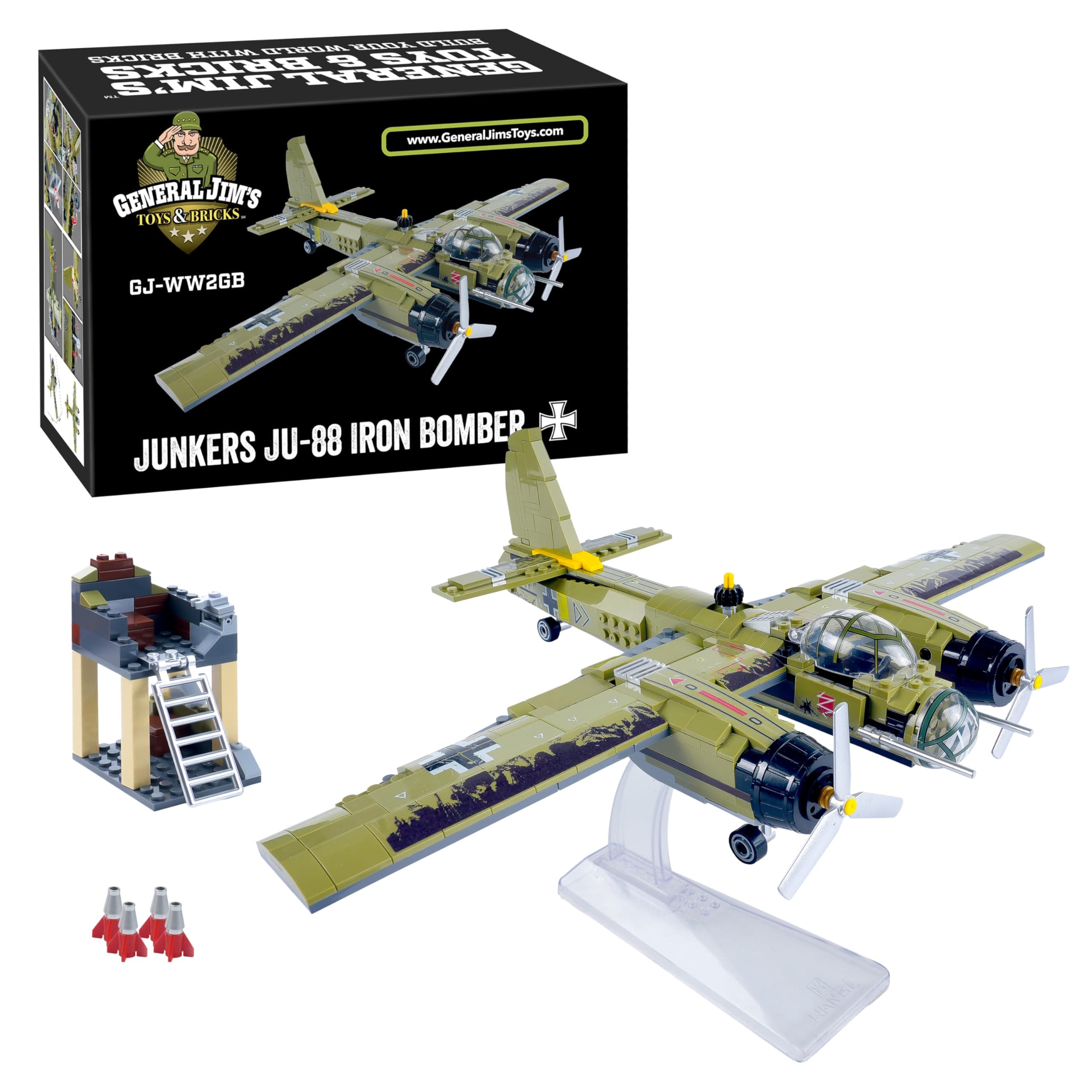 General Jim's WWII Iron Empire JU-88 Bomber Plane Building Blocks Set, 559 Pieces German Twin-Engine Aircraft Model w/Display Stand, Detailed WWII Airplane Compatible w/Major Brick Brands | GJ-WW2GB