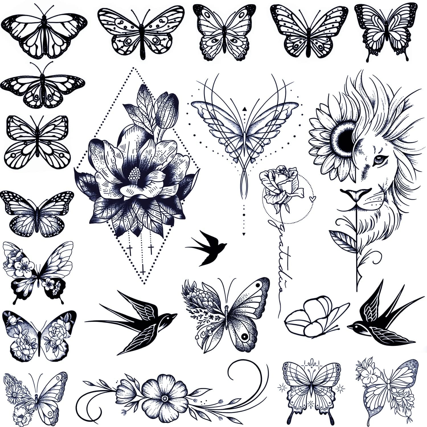 Semi Permanent Temporary Tattoos for Women Girls - Large Long Lasting Temporary Butterfly Flower Lion Swallow Tattoos,Lasts 1-2 Weeks Waterproof Realistic Fake Tattoos