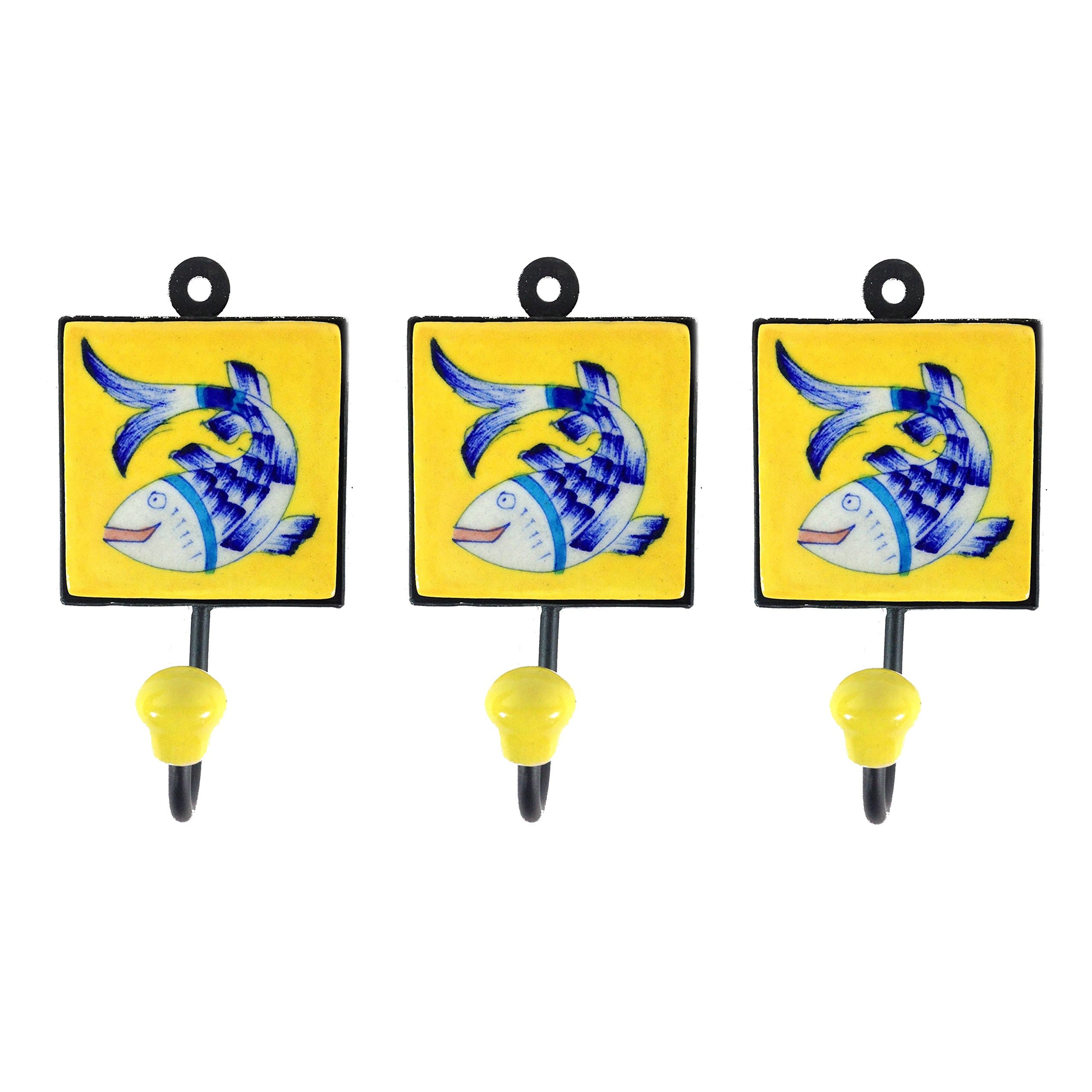 Pottery & Iron - Dancing Asian Fish Square Wall Hooks - Set of 3 - Iron Hangers for Coats, Aprons, Hats, Towels, Pot Holders (Yellow)