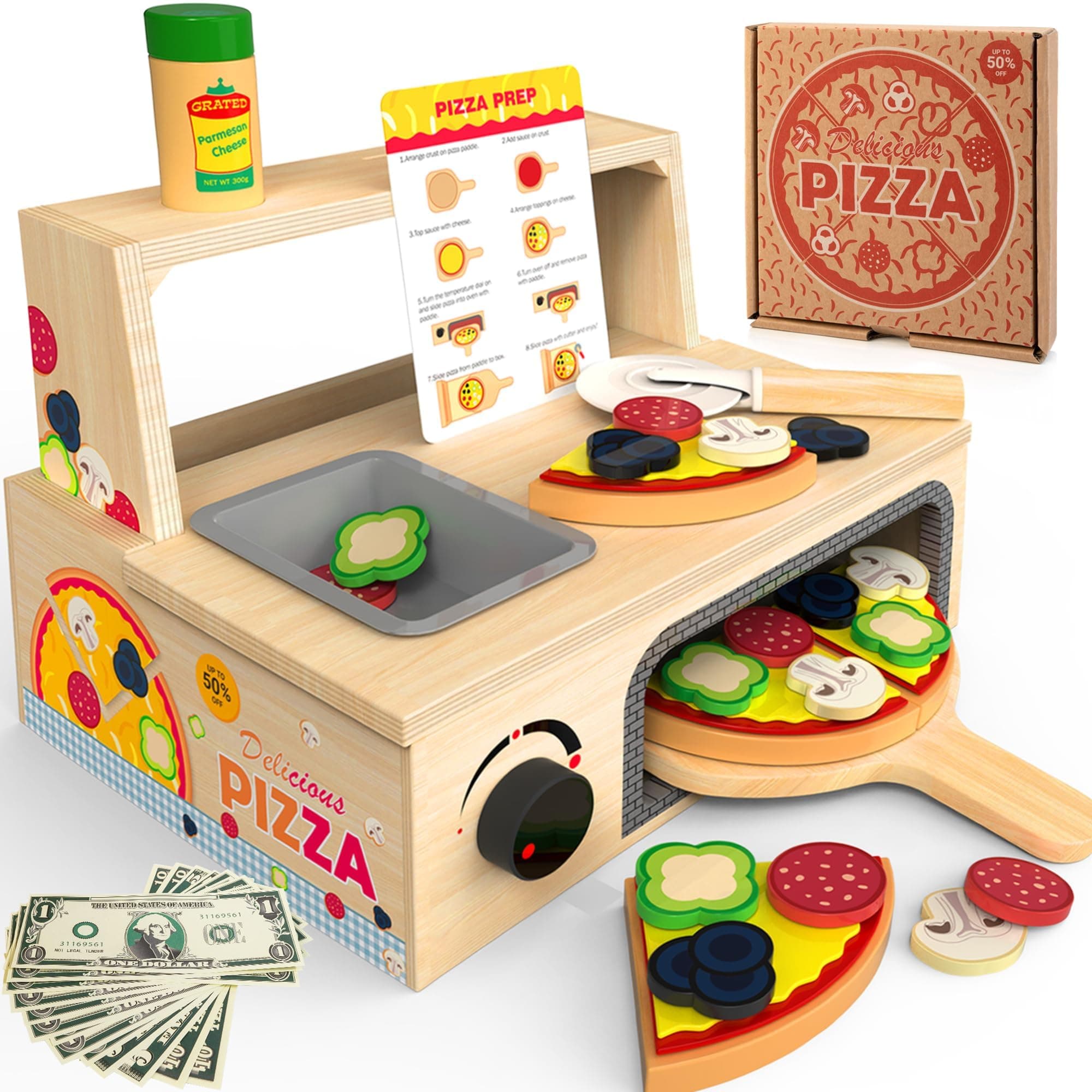 – Wooden Pizza Counter Play Set Top & Bake Toy Set with Pizza Cutter 49 PCS Pretend Play Food Kitchen Set Toys for Preschoolers Kids Boys Girls Ages 3+