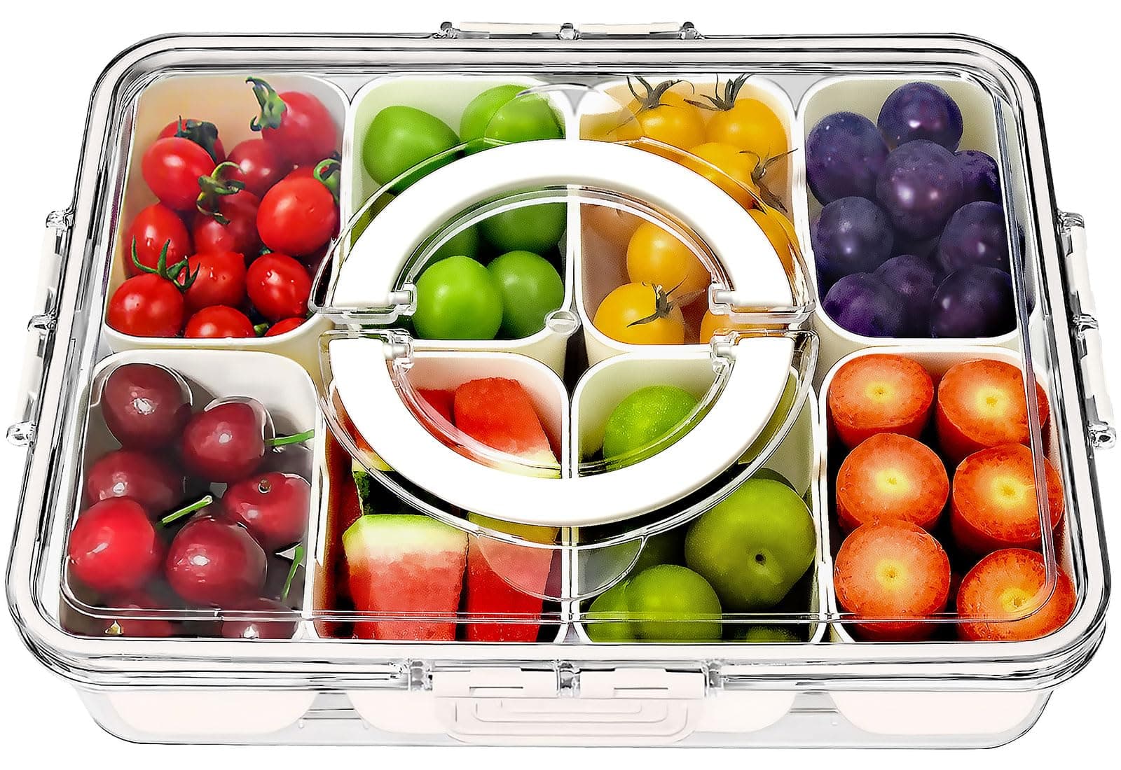 GUANFU Divided Serving Tray w/Lid & Handle - Snackle Box Food Containers for Portable Snack Platters Charcuterie Board - Clear Organizer for Candy Fruits Nuts Snacks Perfect for Party Entertaining