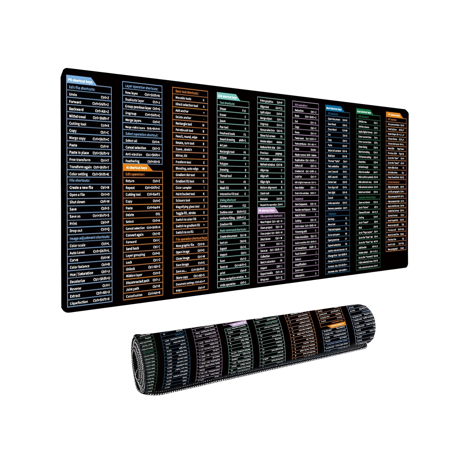 Dyazo Large Anti Slip Keyboard Shortcut Extended Desk mat/Mouse Pad with PS |AI | CDR | PR | Word | excel | PPT Shortcut Keys Computer mat for Laptop Size 800 x 300 x 3 mm (Black No Logo)