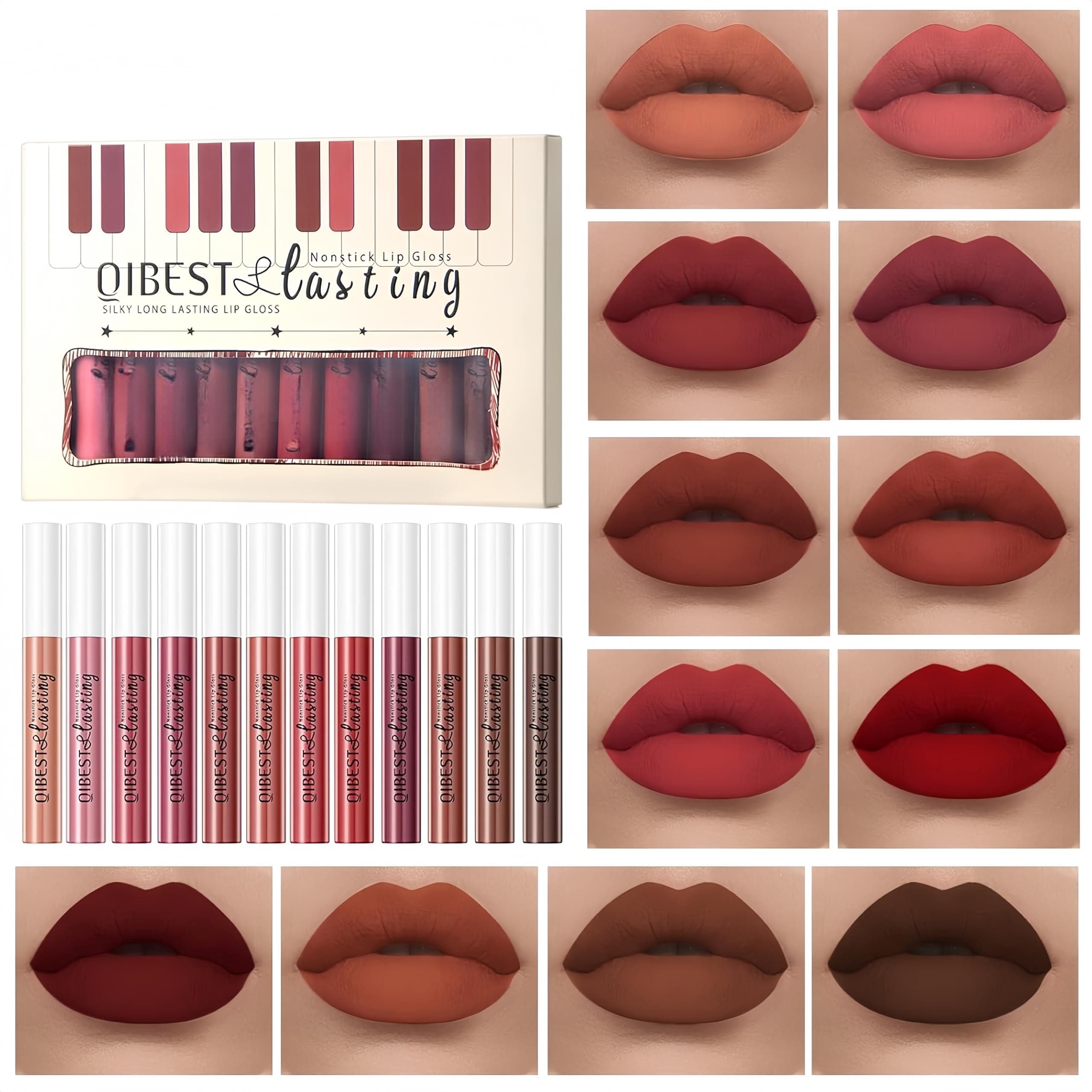 12PCS Matte Liquid Lipstick Set Non-Stick Cup and Not Fade Pigmented Lipstick Long-Lasting Waterproof Velvet Lipgloss Kit Makeup for Girls and Women (Set 03)
