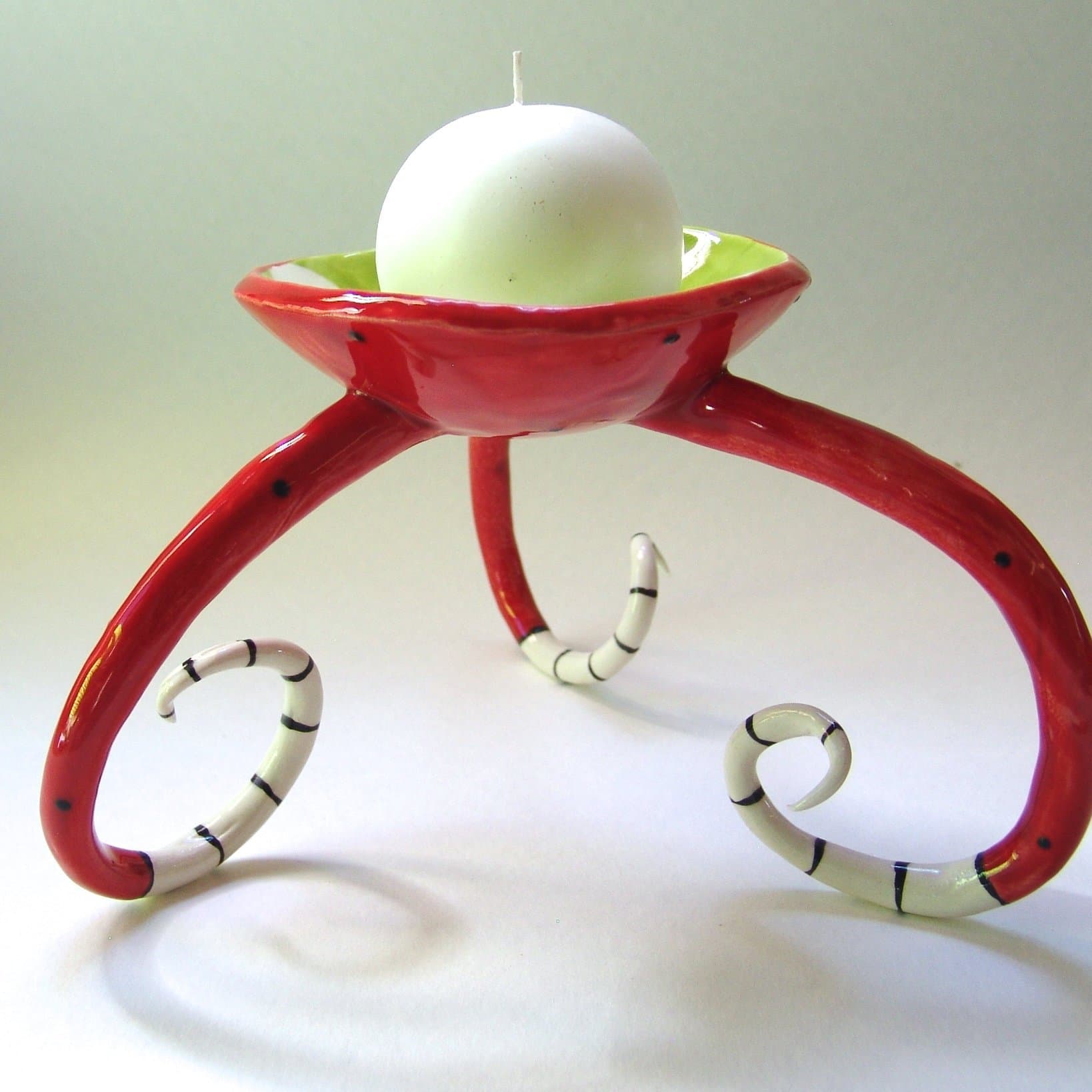 whimsical pottery Candleholder, Serving Dish holiday Red & Lime green