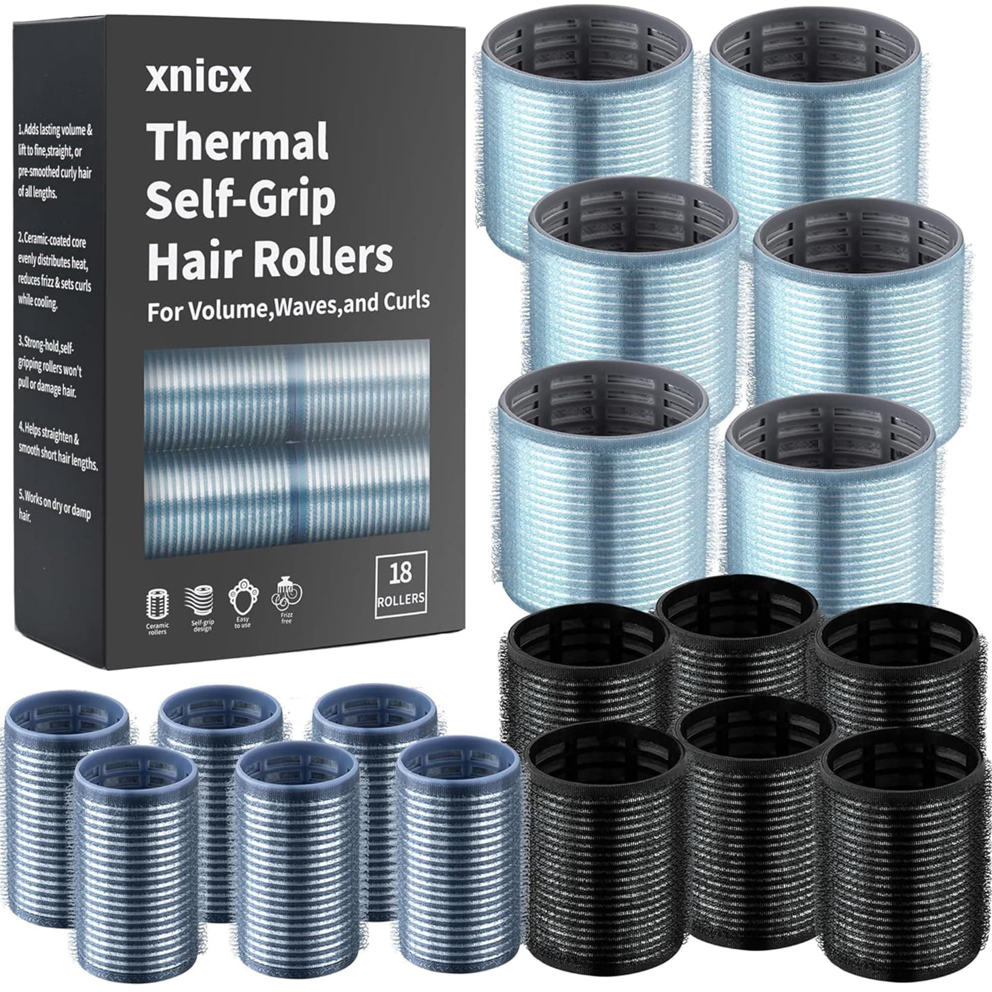 18pcs Hair Roller Set Hair Curlers,Self-Grip Ceramic Ionic Thermal Rollers,Velcro Rollers Curlers to Sleep In for Hair Blowout Look,Salon Quality Hair Rollers for Long Short Hair