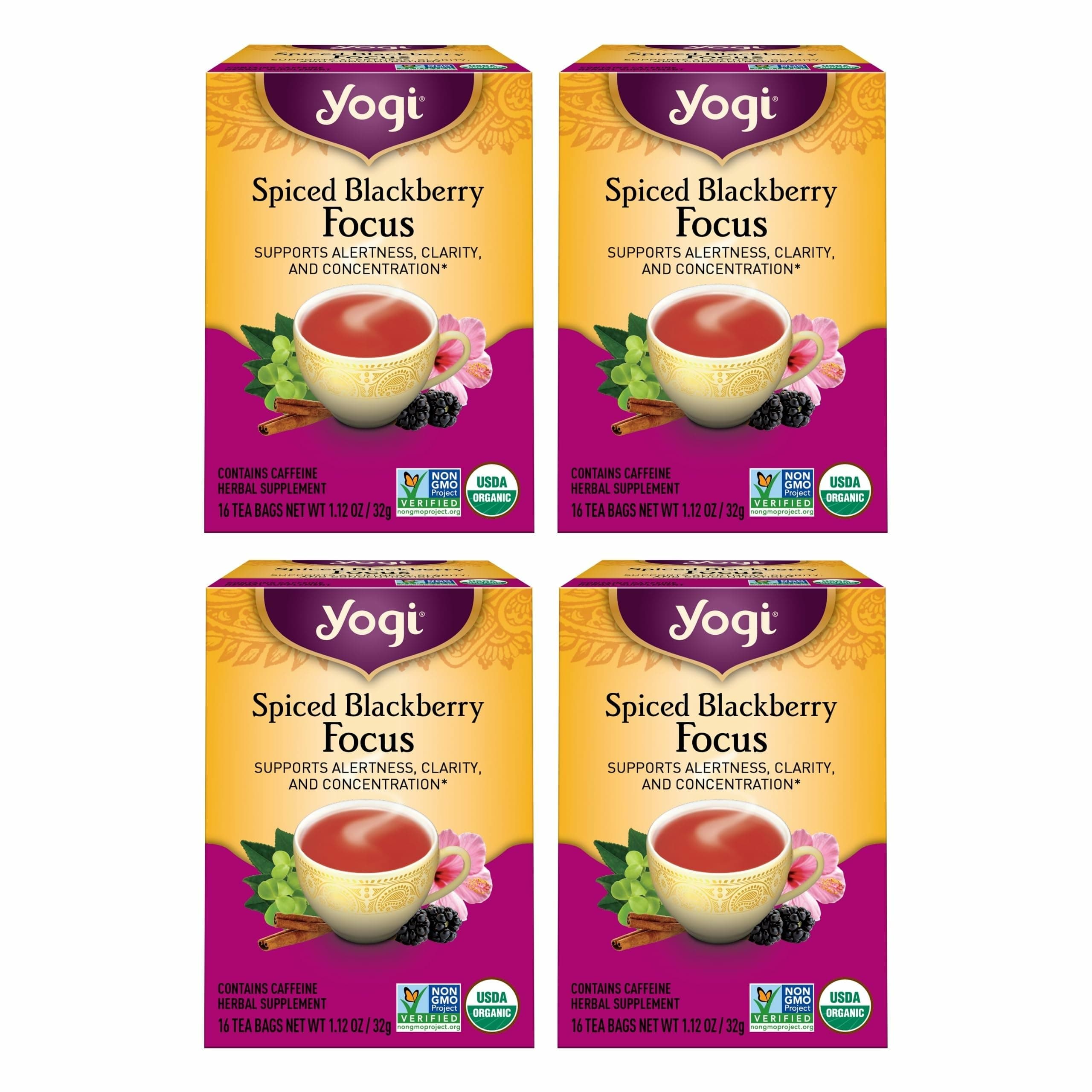 Yogi Tea Spiced Blackberry Focus - 16 Bags per Pack (4 Packs) - Organic Blackberry Tea for Focus with Caffeine - Includes Black Tea Leaf, Hibiscus Flower, Cinnamon Bark & More