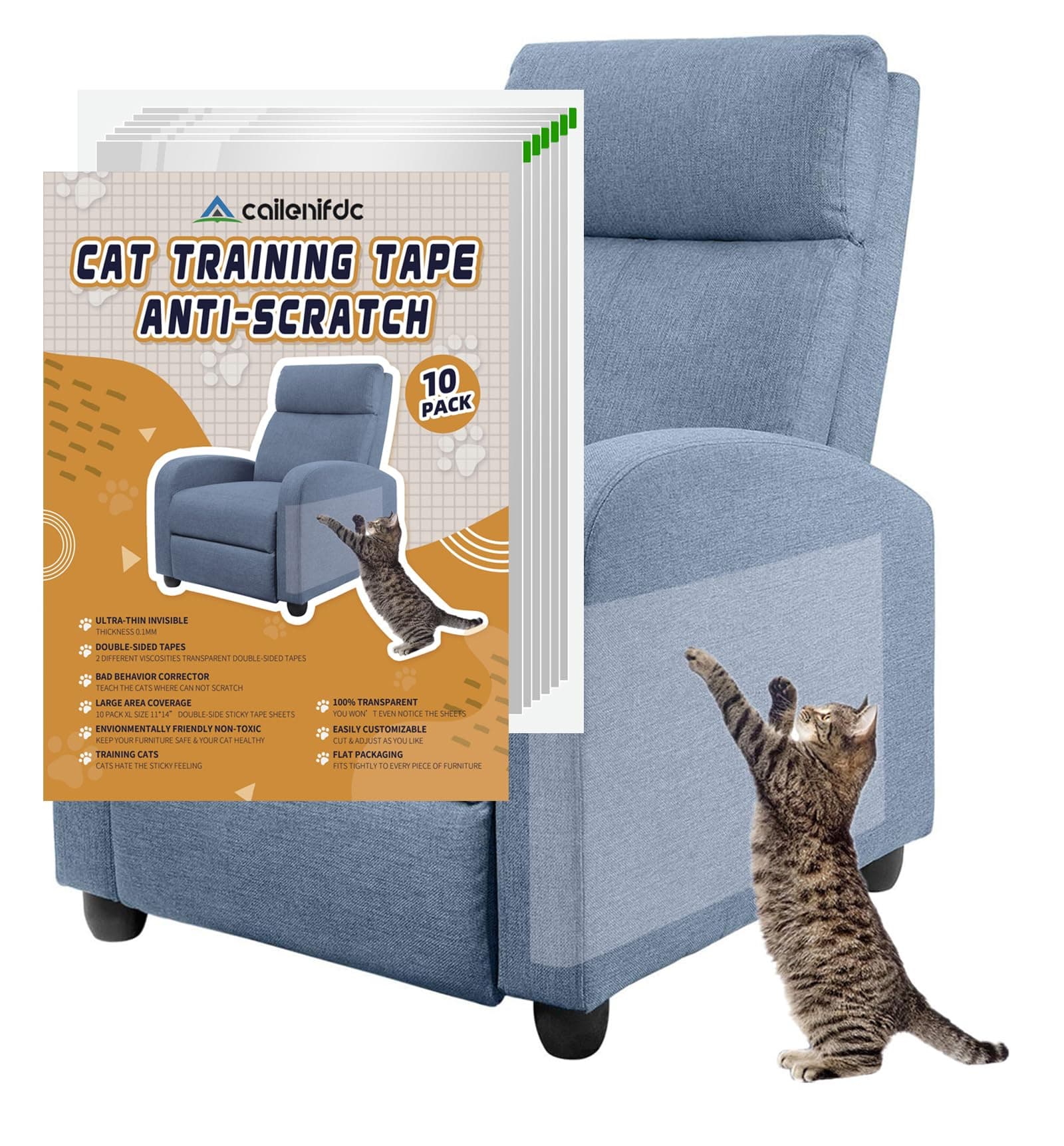 Anti-Scratch Furniture Protectors - 10pcs Clear Double-Sided Cat Scratch Deterrent Tape for Couch, Sofa, Chair & Leather