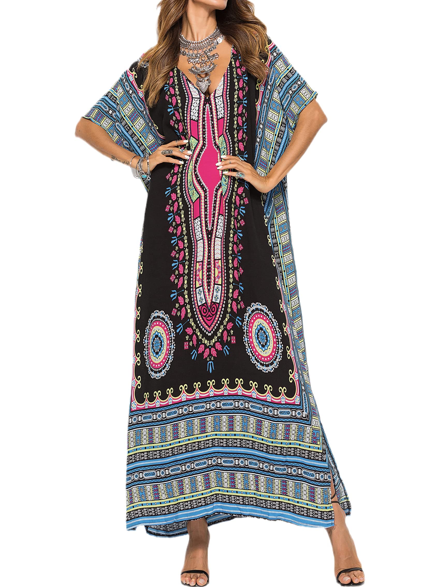 Kaftan Dresses for Women Plus Size Summer Beach Dress with Print and Swim Cover Ups Black
