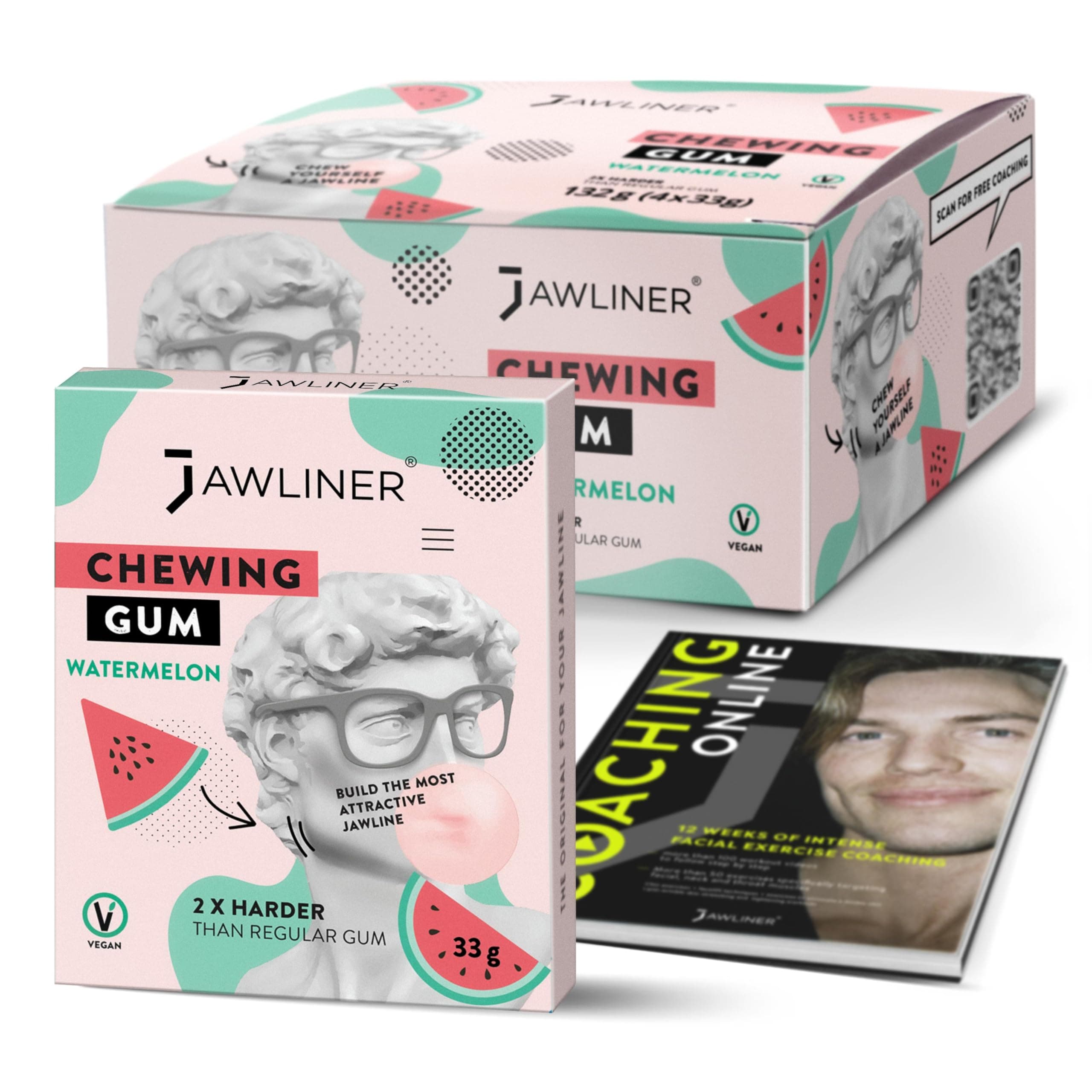 JAWLINER Hard chewing Gum, Jawline gum - Sugar Free Watermelon Gum - Jaw Exerciser - mastic gum for Mewing - 2x Harder Than Regular Chewing Gum 130 Grams(48 Strips)