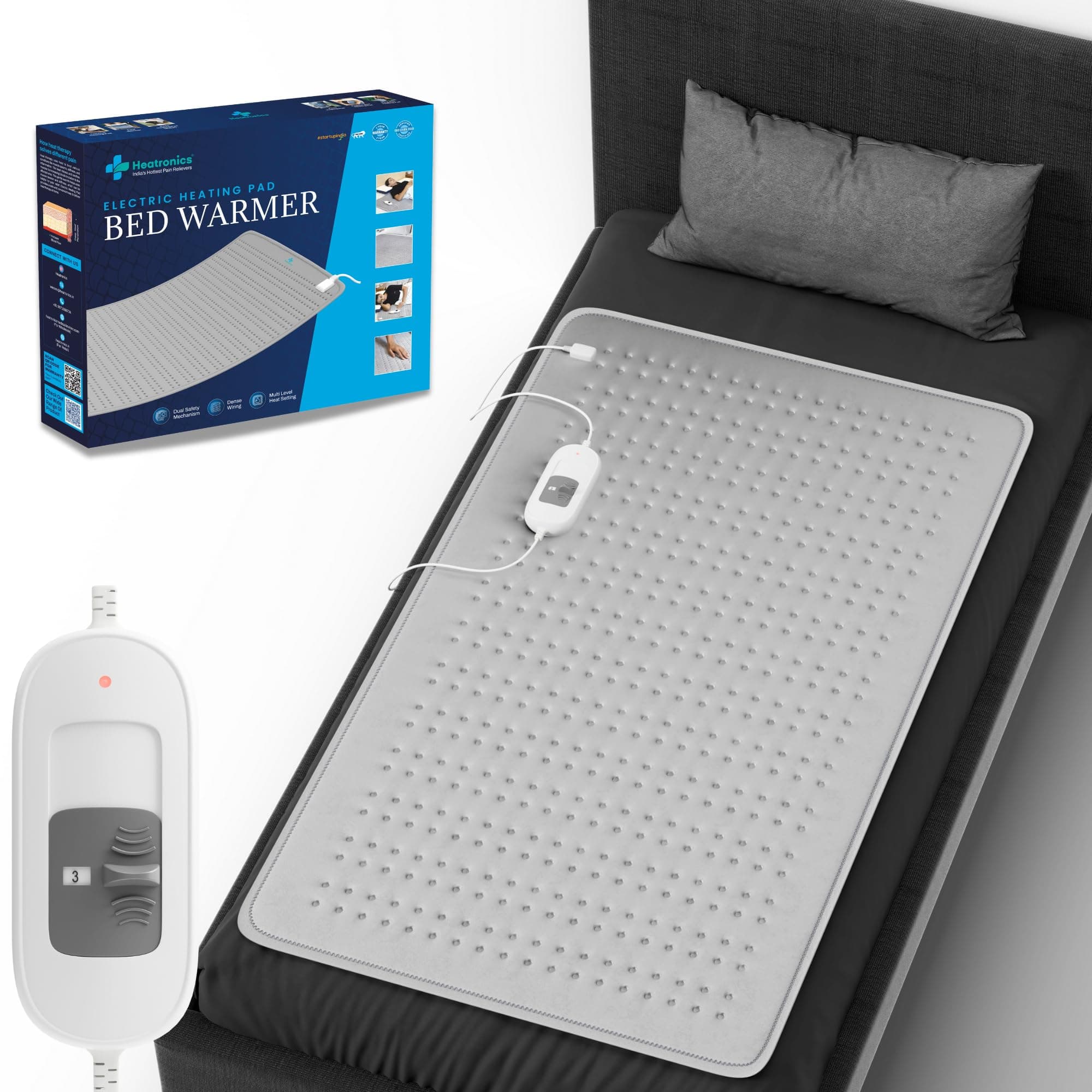 Electric Blanket Single Bed | 3 Heat Levels | ThermoLock™ Thermostat Control | TheraFlex™ 6-Layer Safety Build | 135W Low-Power Inverter-Friendly Bed Warmer | ISO 13485 & CDSCO Certified | 1-Year HeatCare™ Warranty