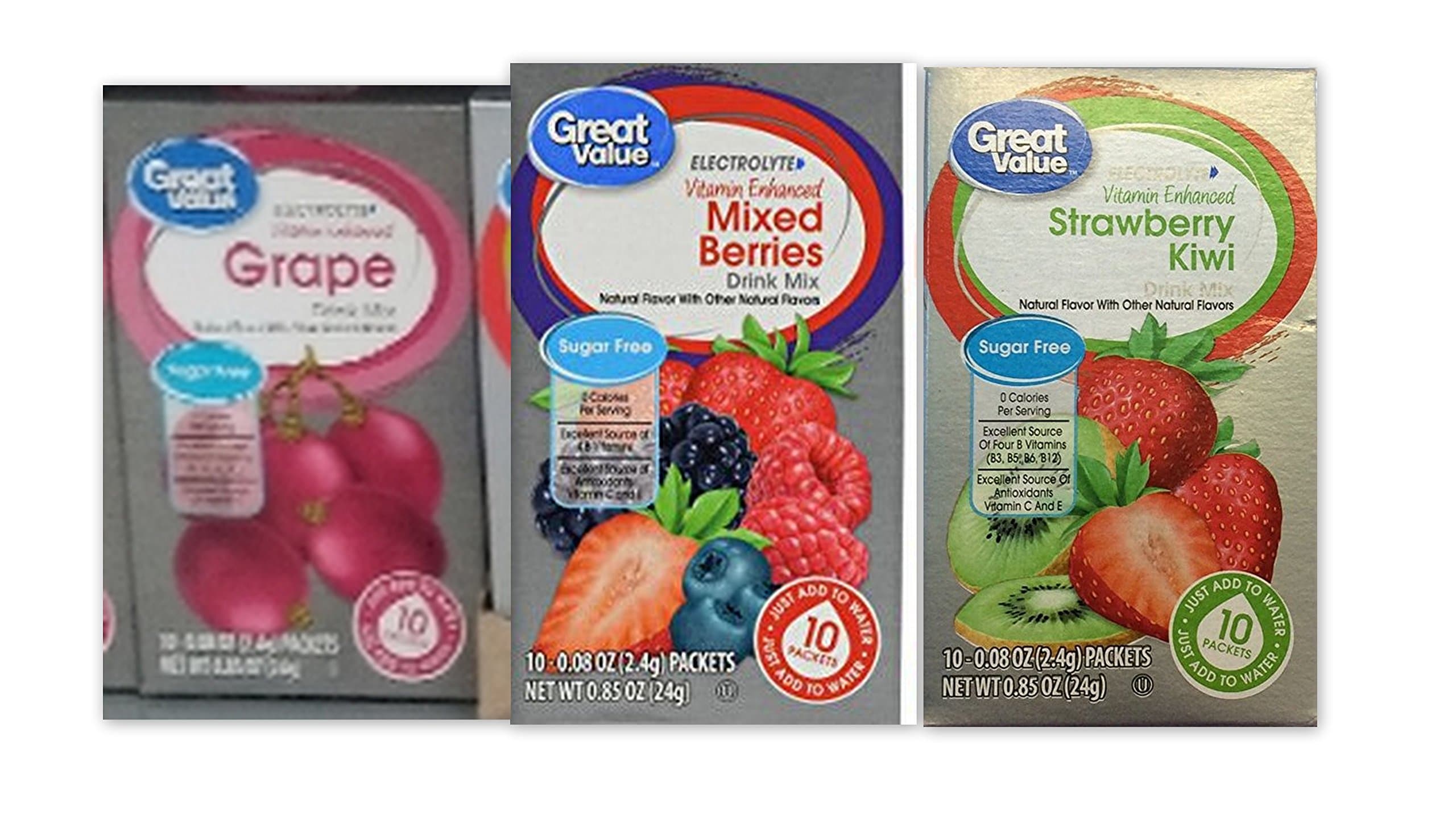 Great Value Electrolyte Drink Mix Variety Bundle, 120 Packets (12 Boxes) - Grape, Strawberry Kiwi, Mixed Berries Flavors - Powder Form, 0.85 oz Each, 12 Count
