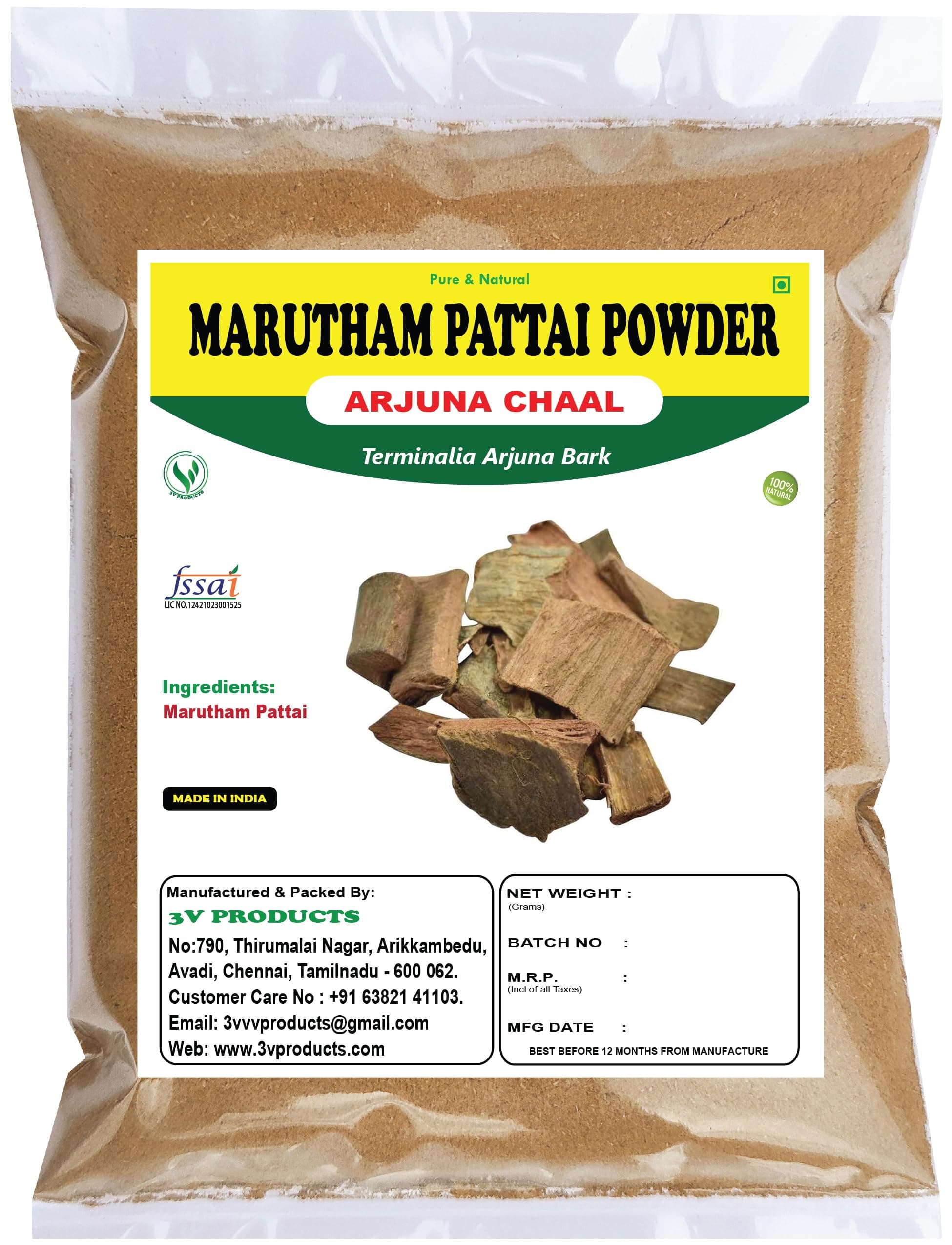 3V PRODUCTS: Marutham Pattai Powder - Pack 2x100g - Terminalia Arjuna Bark | Arjuna Chaal | Arjun ki Chaal | Arjun Bark