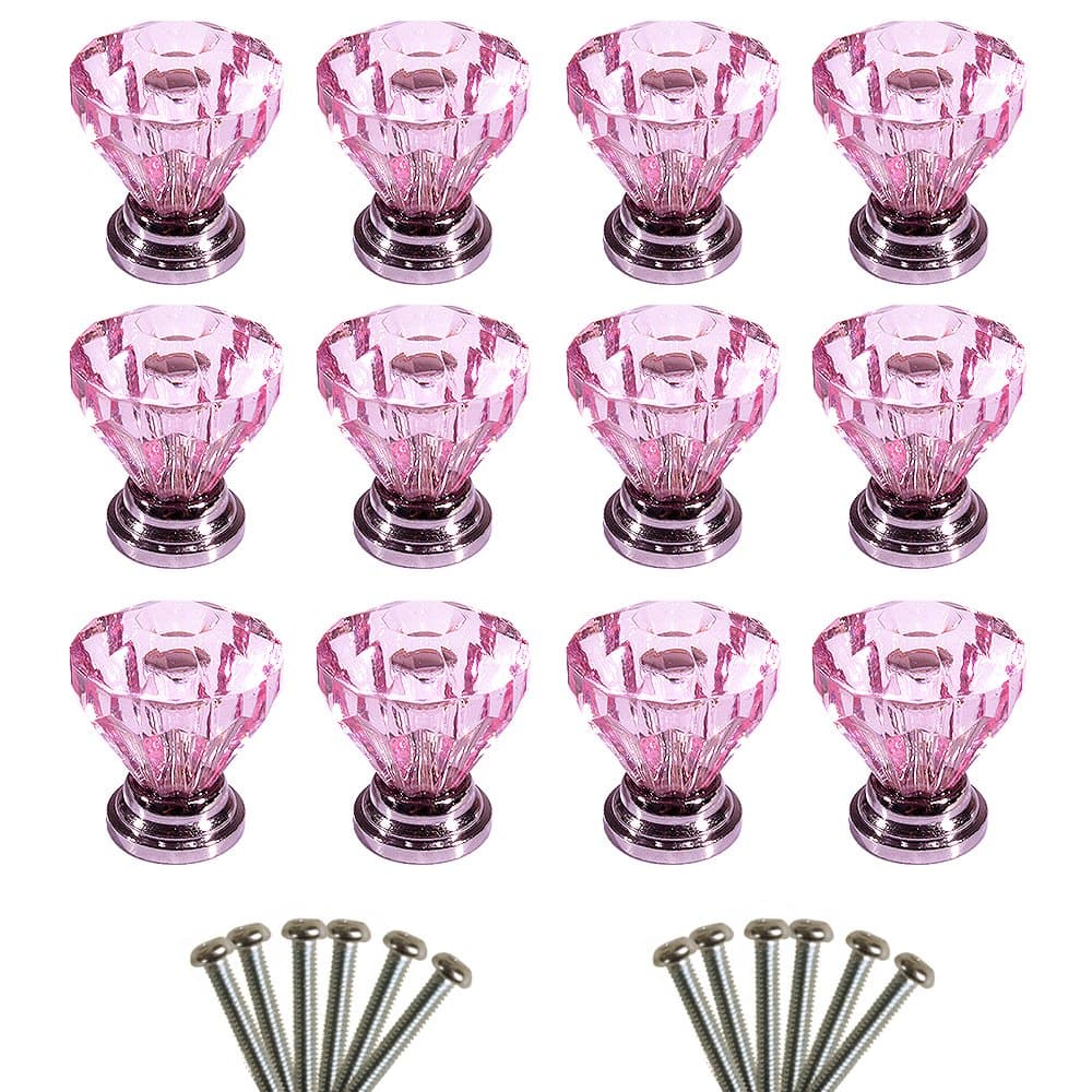 New 12Pcs Pink Acrylic Drawer Pull Knob Cabinet Chest Bin Handle / Brilliant Color Sparkles Like Diamonds from the Diamond Cuts, Used for Cabinet, Drawer, Chest, Bin, Dresser, Cupboard, etc