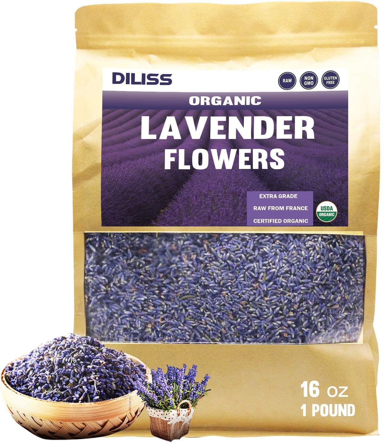 DILISS Lavender Buds Organic Top Grade Dried Lavender Flower 100% Pure and Natrual Lavender Fresh Fragrance Large Resealable Bag (16OZ)