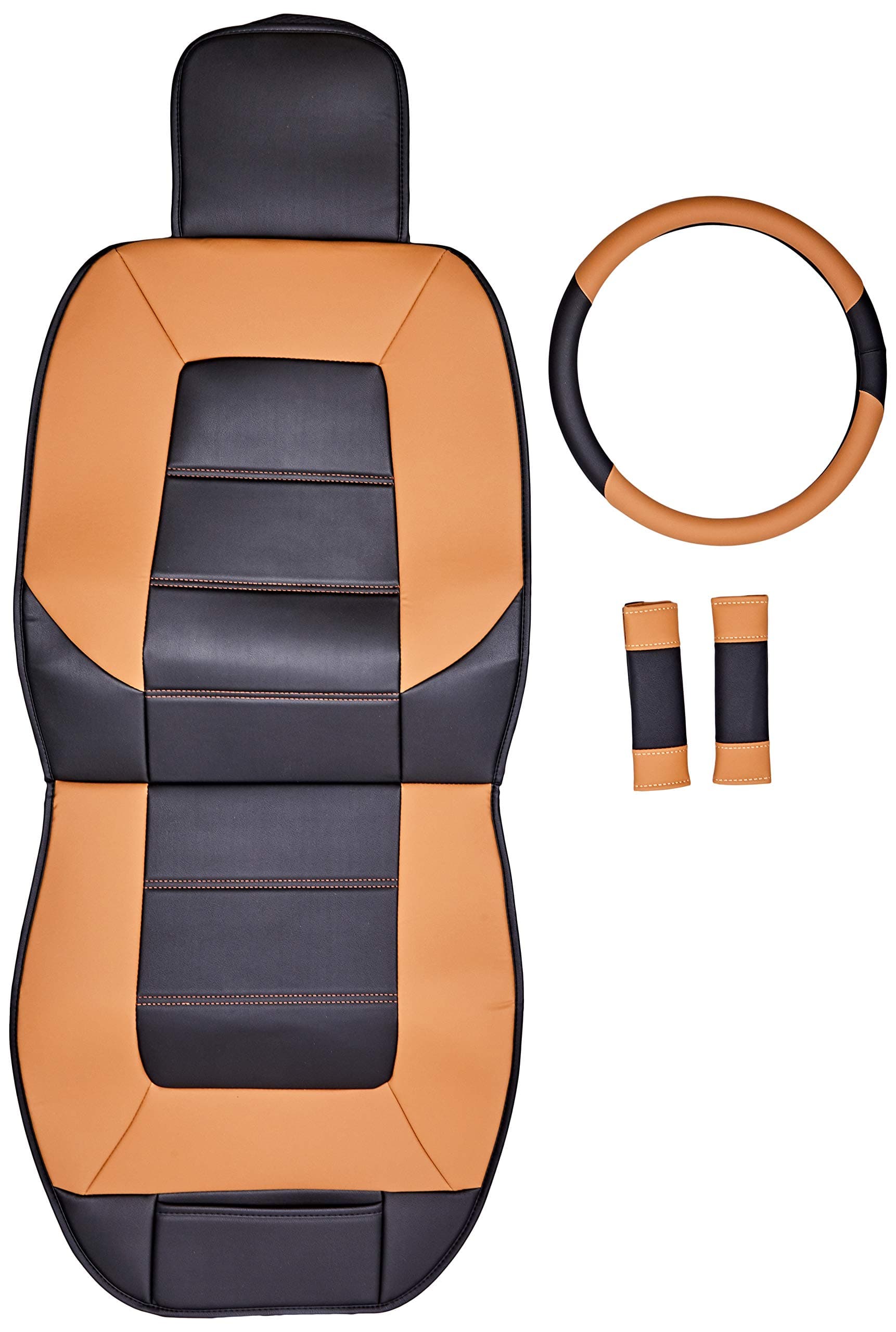 Amazon Basics Deluxe Sideless Universal Fit Leatherette Seat Cover Set with Wheel Cover and Seatbelt Pads, Black and Brown