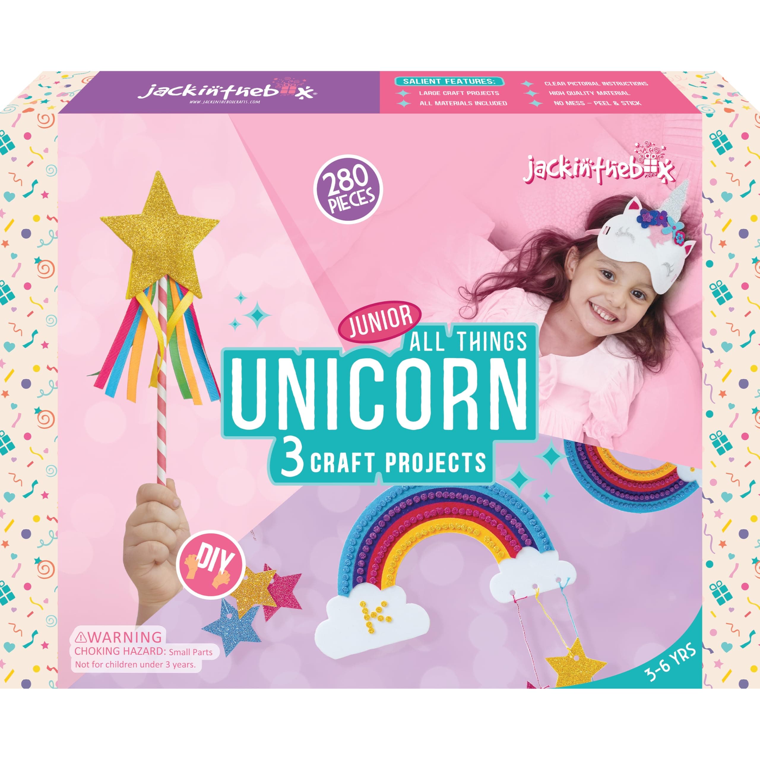 jackinthebox Unicorn Craft kit for 3 to 5 Year olds, 3 Craft Projects, Great Gift for Girls Ages 3 4 5 years, No Mess Art for Kids, Craft Kits & Supplies, DIY Creative Activity