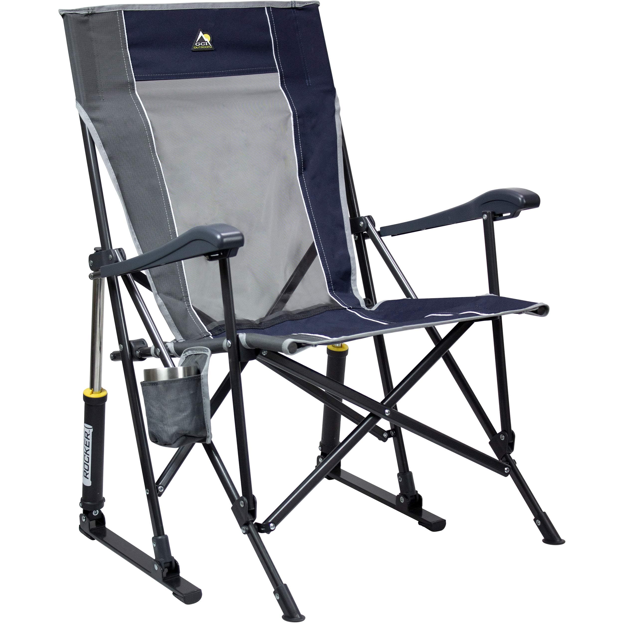 GCI OUTDOOR RoadTrip Rocker Camping Chair | Portable, Folding Rocking Chair with Solid, Durable Armrests, Drink Holder & Comfortable Extended Backrest — Indigo Blue