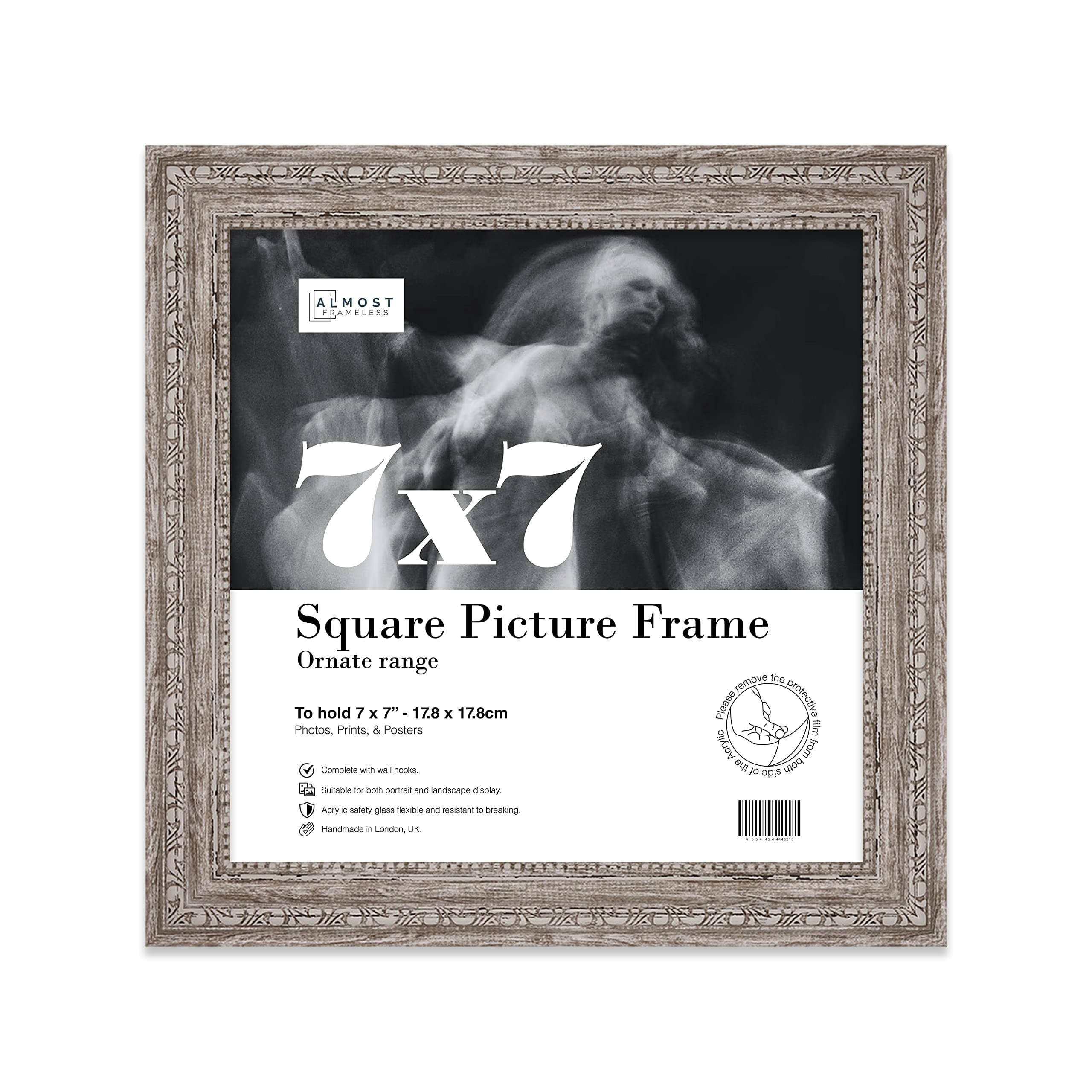 7x7 Walnut Ornate Picture Frame 7"x7" (17.8x17.8cm) Poster, Photo, Artwork, or Print. Opulent Style Portrait and Landscape Display with Wall Hooks