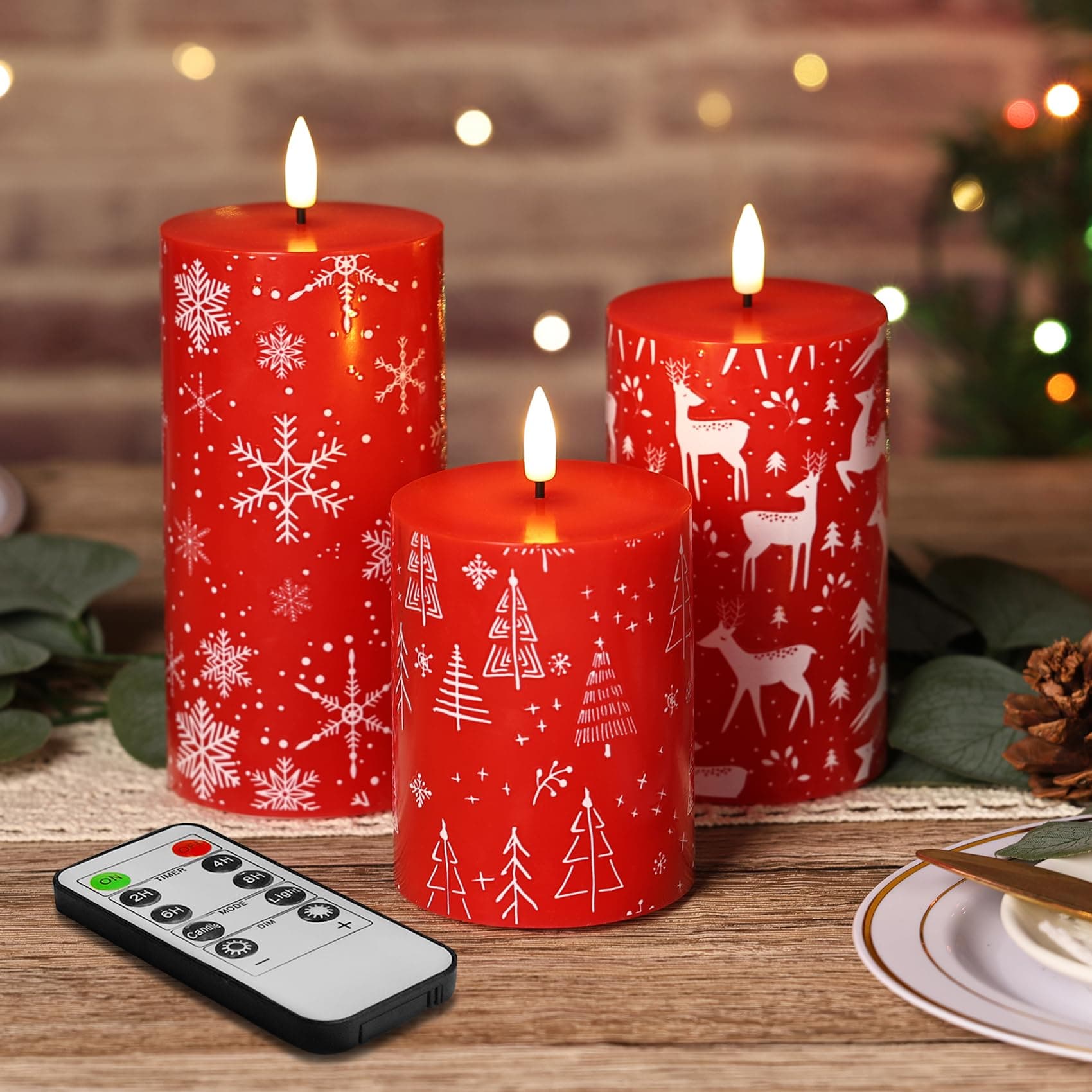 Eywamage Red Christmas Candles with Remote, Battery Operated Deer Snowflakes Candles, Real Wax Flameless LED Candles Set of 3