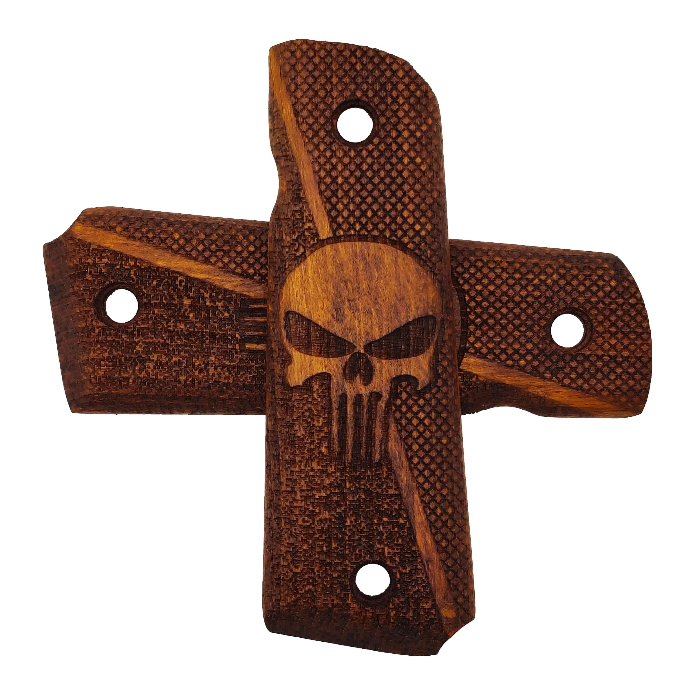 1911 Grips Full-Size Real Wood Grips, Punisher - Skull Engraving - Grip for Government/Commander, 1911 Accessories Ambi‑Safety Cut