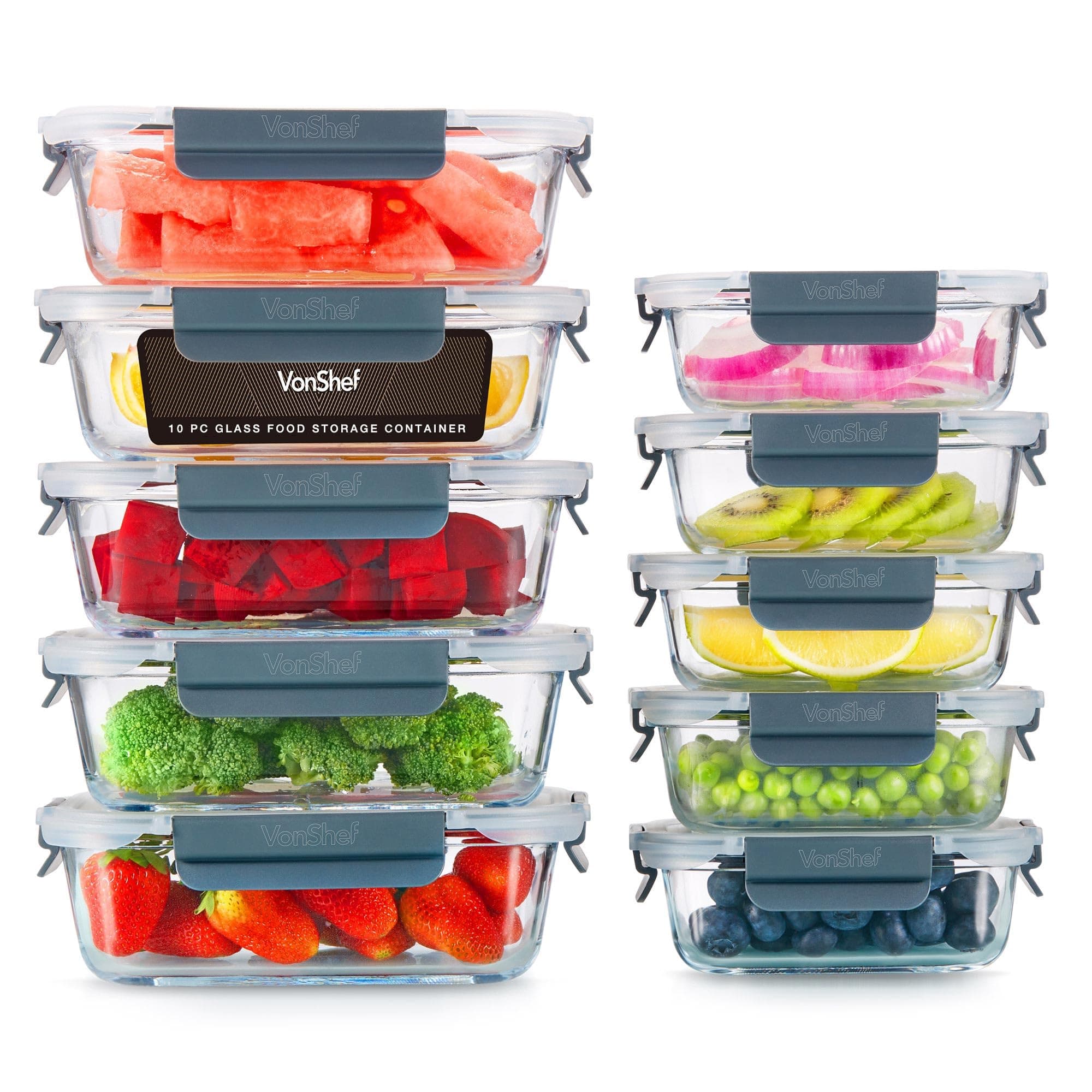 VonShef Glass Containers with Lids - 10 Piece Meal Prep Food Lunch Boxes 1L and 370ml Capacities, Oven and Dishwasher Safe, Airtight Leakproof Seal Great for Batch Cooking