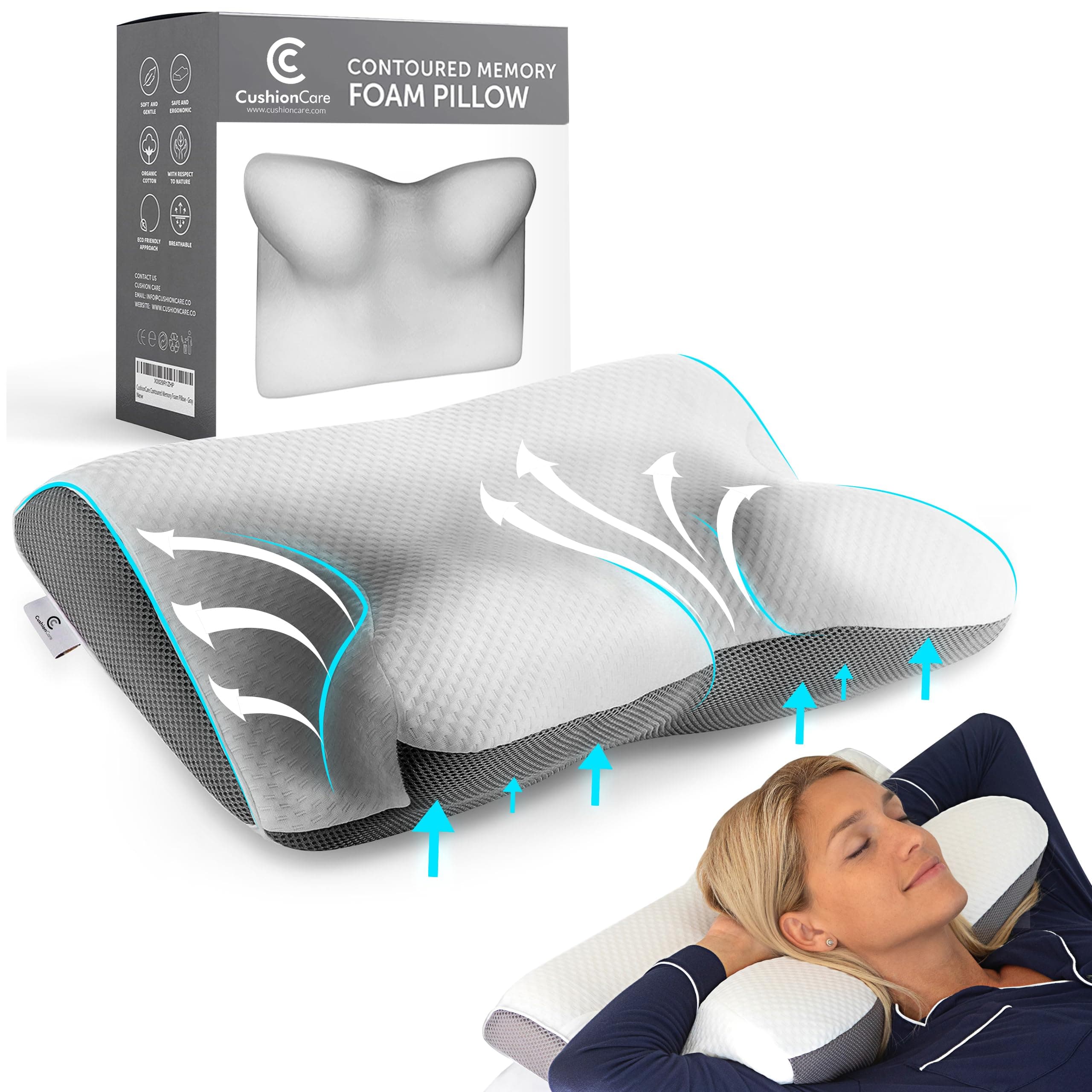 Pillow for Neck and Shoulder Pain Relief – Cervical Memory Foam Contour Pillow – Orthopaedic Ergonomic Design Aligns Spine, Reduces Pressure & Snoring – for Side, Back & Stomach Sleepers + Free Mask
