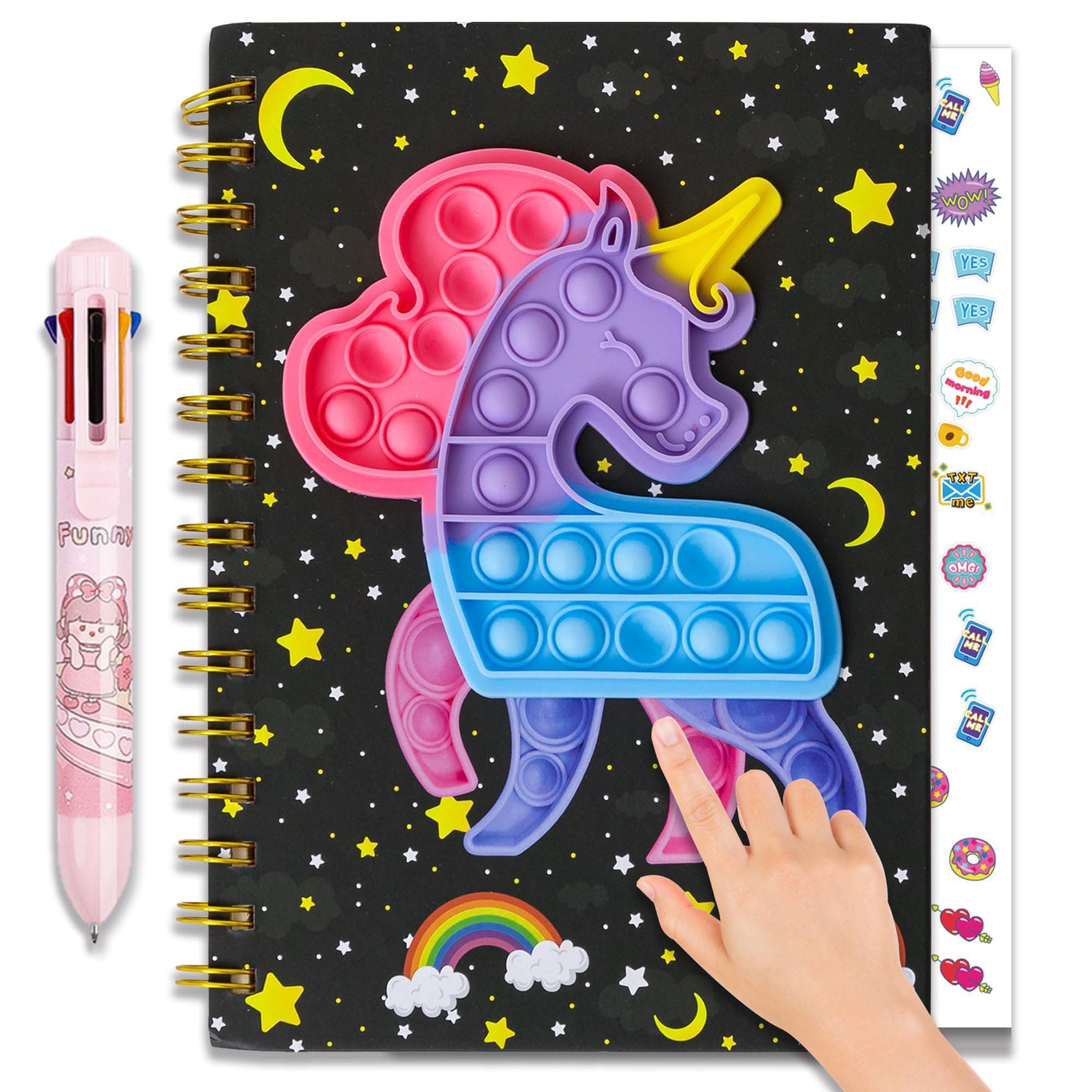 windrio Pop Notebook for Kids, Bubble Fidget Notebook Girls Spiral Notebook Boys Diary Journal 8.1x5.7 Inches with 8 Multicolor Pen and Stickers for Teenage School Writing Drawing Gifts Age 6 8 10 12