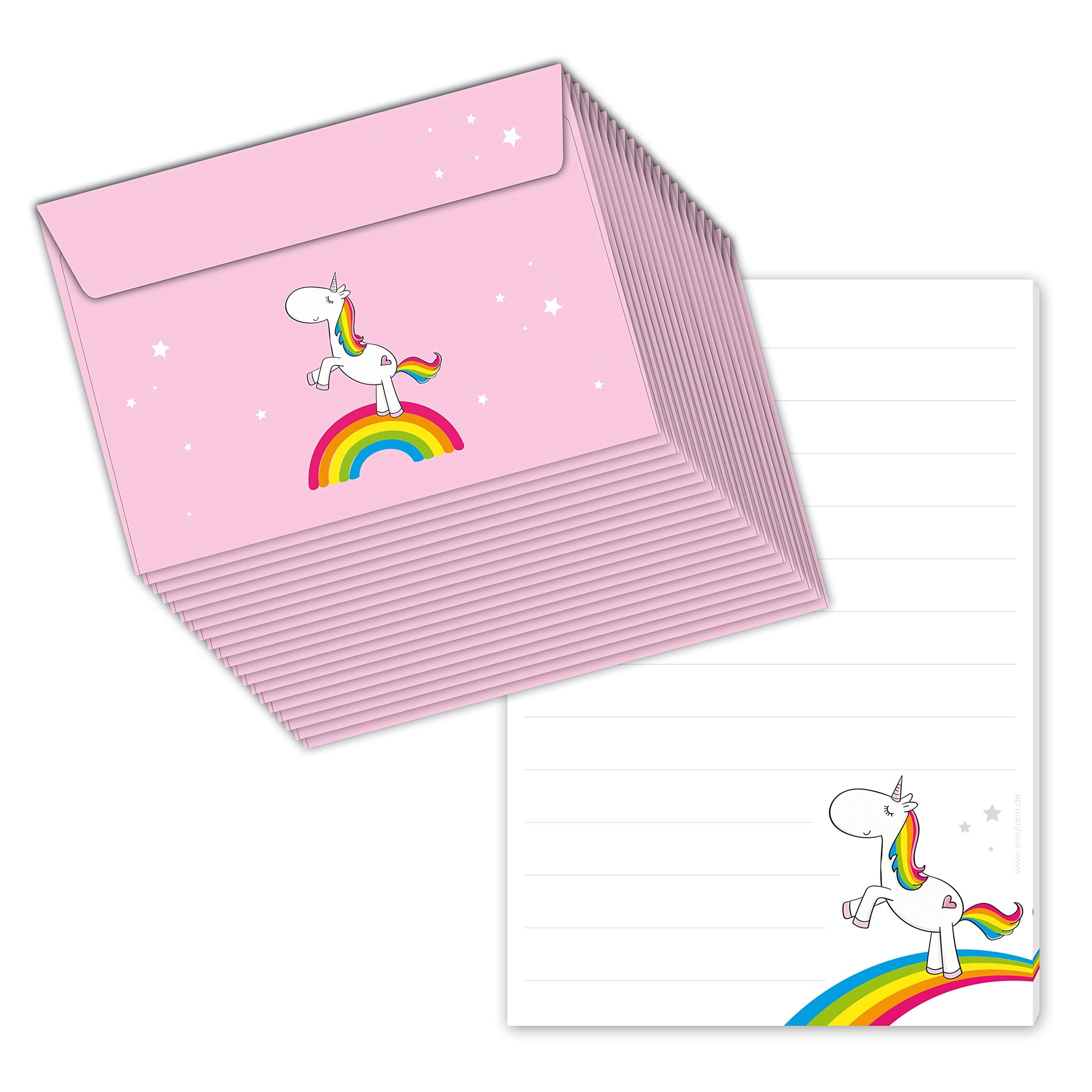 Writing pad / Letter pad "Rainbow Unicorn" design DIN A5 (lined 50 sheets) including 20 matching envelopes / for girls, letters, stationery, letter paper set for children