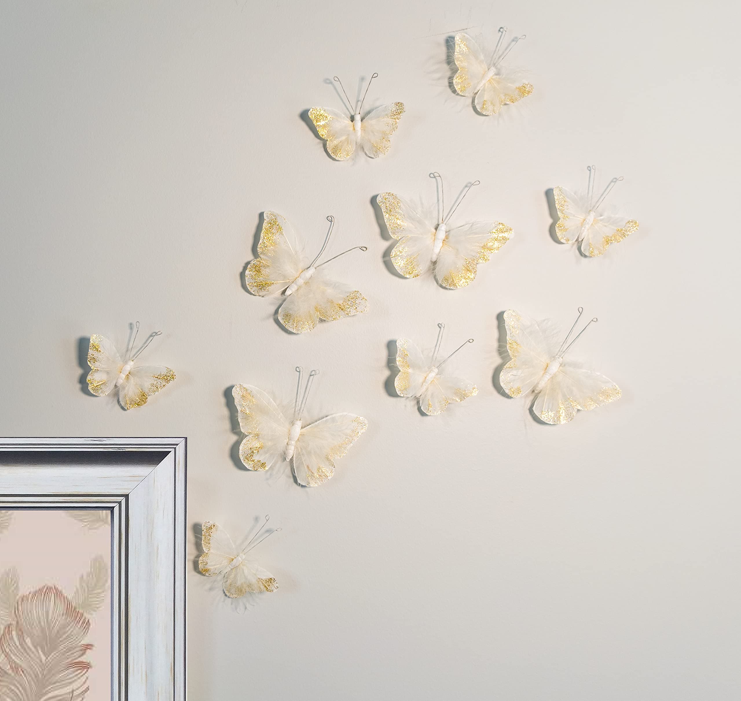 Butterfly Wall Decorations Premium Quality Real Feather 3D Wall Decals Girls Bedroom | Stunning Gold Glitter Decor Stickers All Rooms & Nursery Sets | 10 Adhesive Pieces