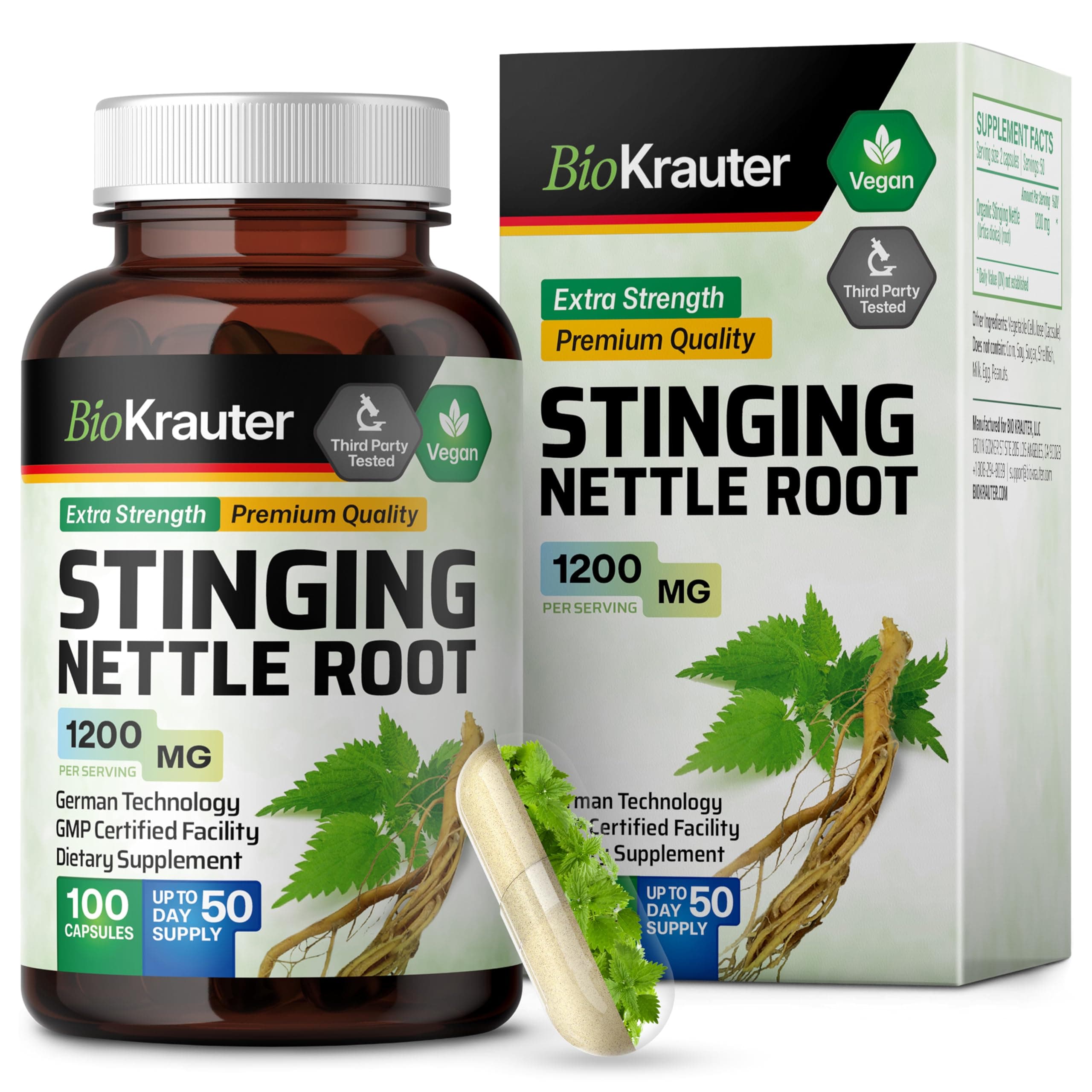 BIO KRAUTER Stinging Nettle Capsules 1200 mg - 100 Natural Urinary Tract & Overall Support Caps - Nettle Root Powder (Urtica Dioica) - Non GMO