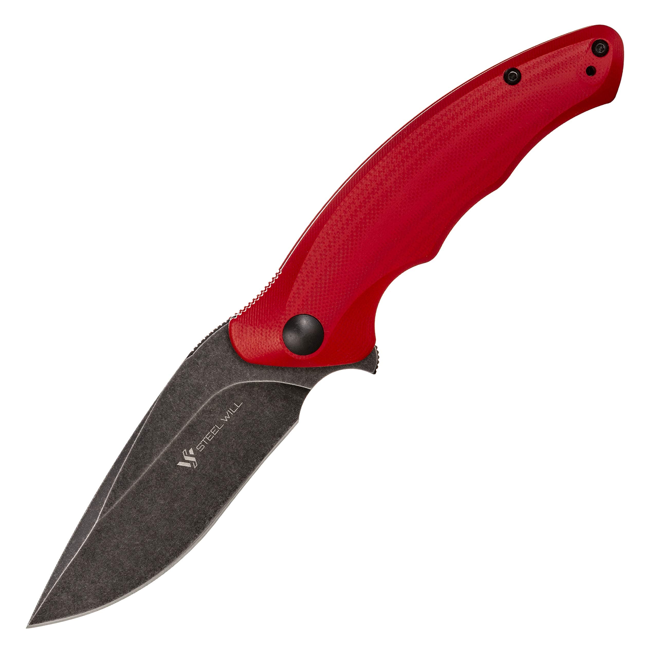 Avior F62-05: 3.5" D2 Drop Point Black Stonewash Folding Blade, Liner Lock, Red G10 Handle, Black Alu Standoffs, Ball Bearings