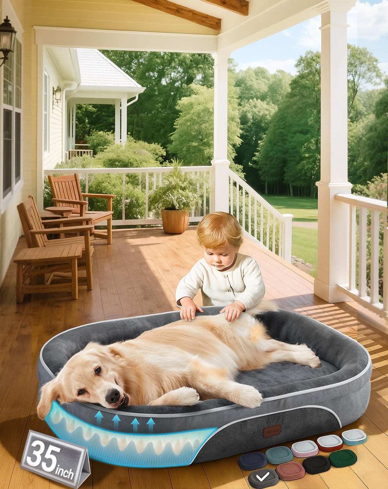 OhGeni Orthopedic Dog Couch Pet Sofa Large Sized Cat Beds with Comfort Foam Support, Soft Comfortable Fabric, Machine Washable Waterproof Removable Cover, 35-Inch (Gray)