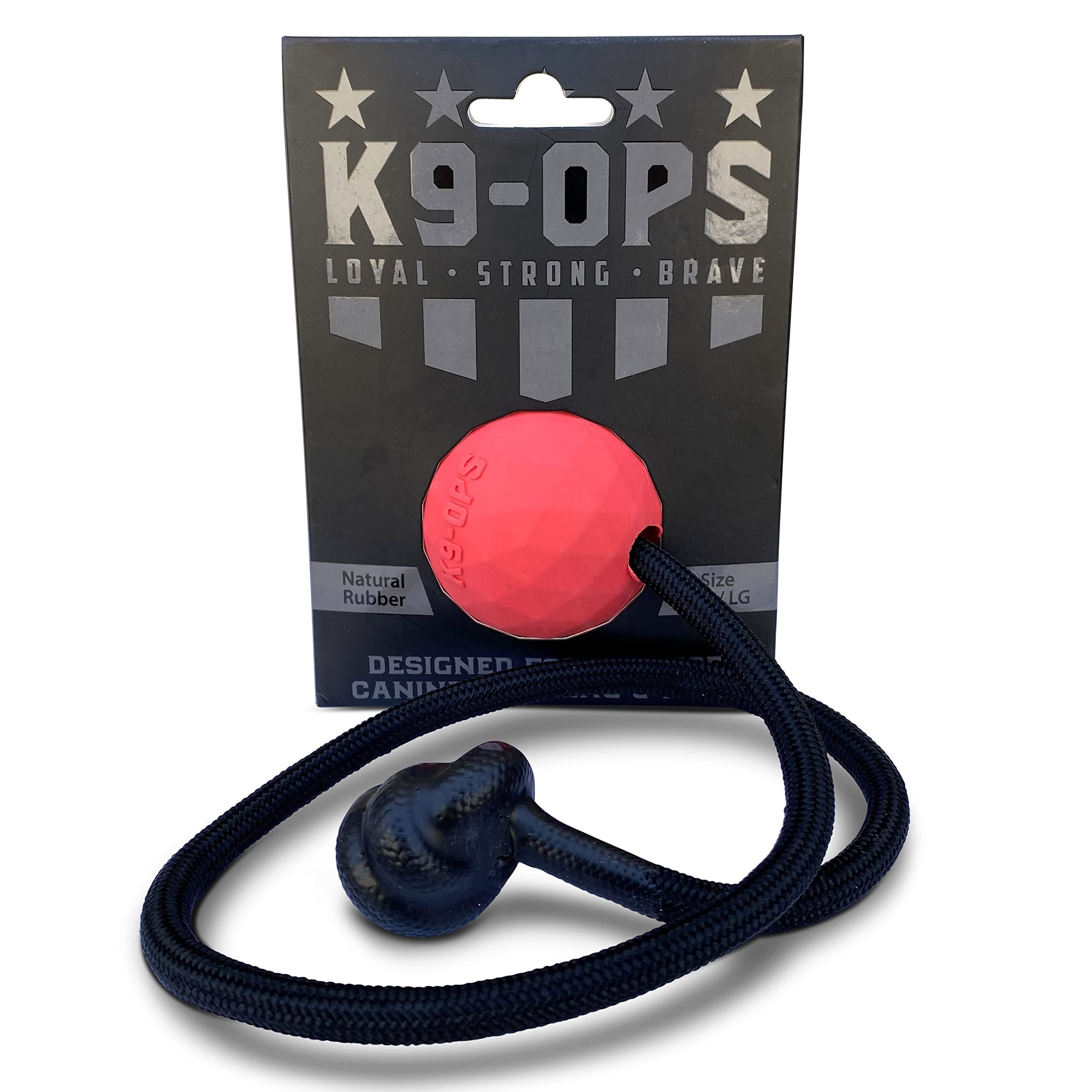 K9 Ops Dog Ball on a Rope Moki Tug Toy - Solid Rubber Fetch Training Reward - Large Dogs Tugs Durable Aggressive Chewers (Ruby Red, MD/LG)