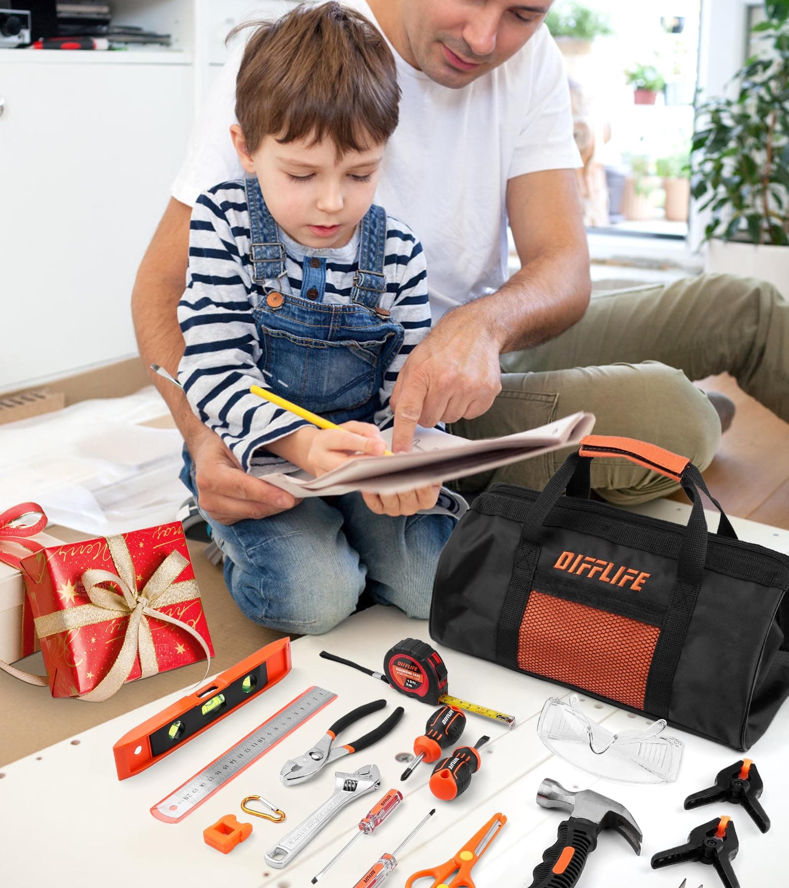 18-Piece Hand Tool Set Kids Real, Tool Kit with Storage Bag for Boys, Girls, Children DIY Building and Woodworking, Age 8+ Tool Set-18 Piece