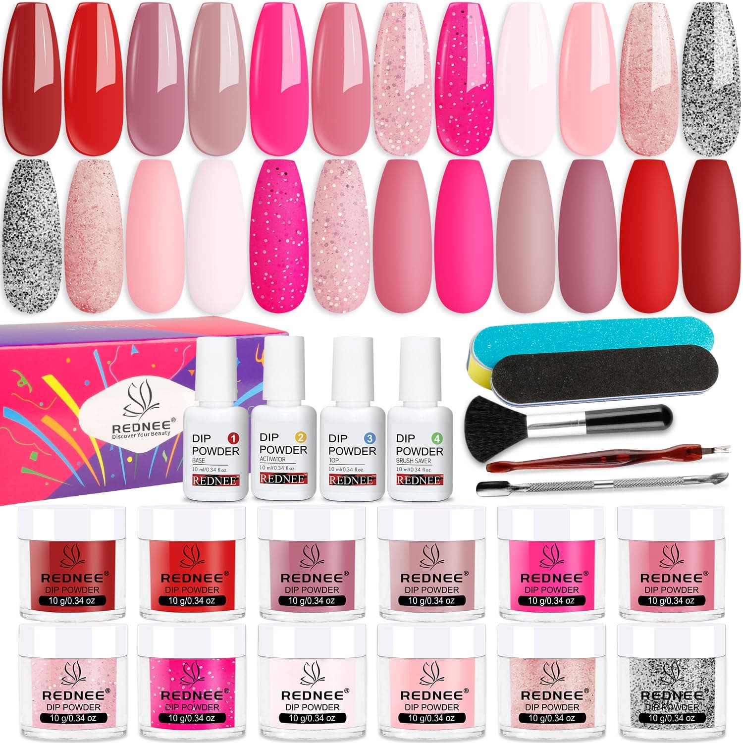 REDNEE12 Red Pink Colors Dip Powder Nail Kit Starter 21pcs Dip Powder Starter Kit with Essential Liquid Base & Top Coat Activator Weak & Thin Nails Solution Kit for Strengthen Nails RE41