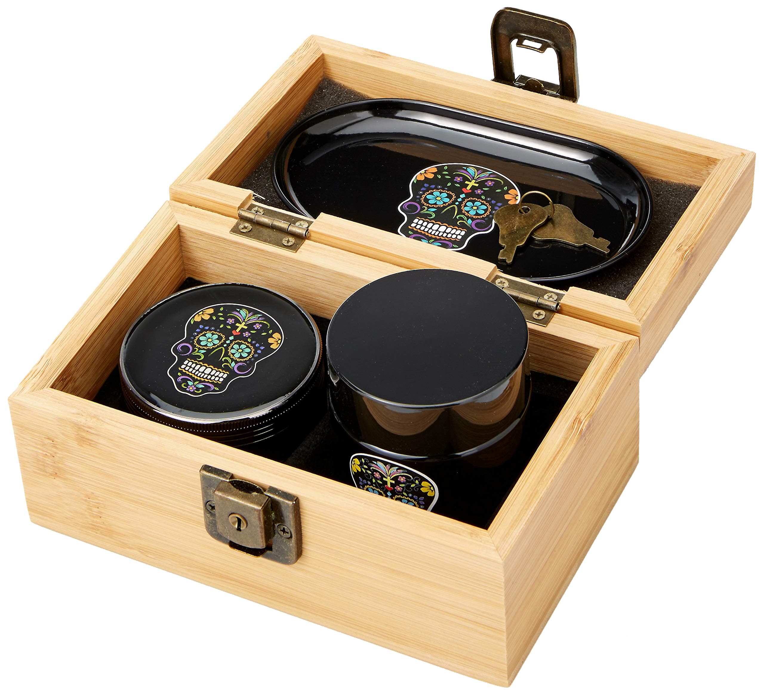 Fess Product Day Of The Dead Stash Box Combo - 2.5 Inch Heavy Full Size Titanium 4 Part Herb Grinder - DOD UV Glass stash jar - Day Of the Dead Wood Bamboo Box