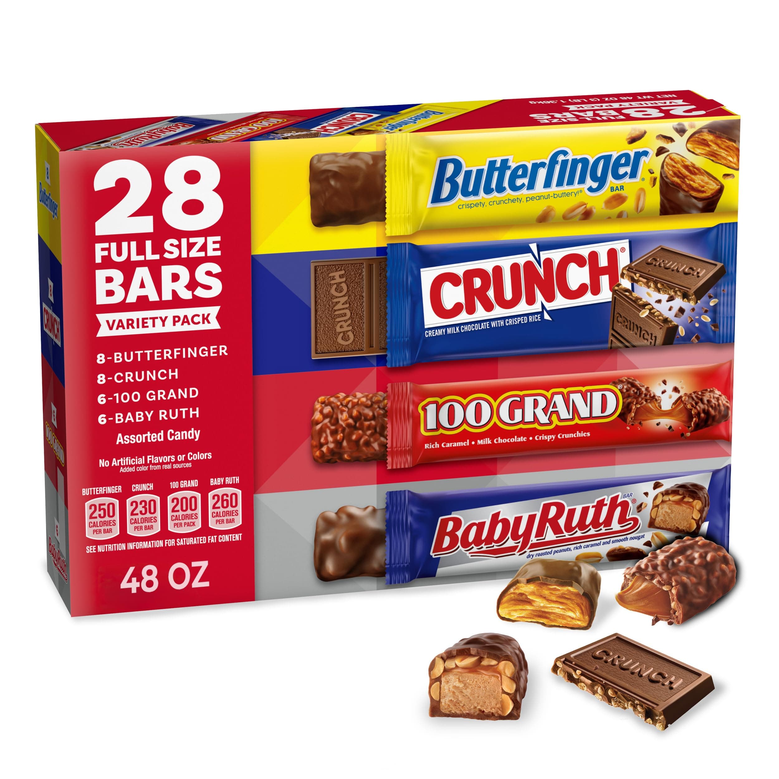 CRUNCH, Baby Ruth and 100 Grand, Bulk 28 Pack, Assorted Full Size Chocolate Candy Bars, Stocking Stuffers, 48 oz