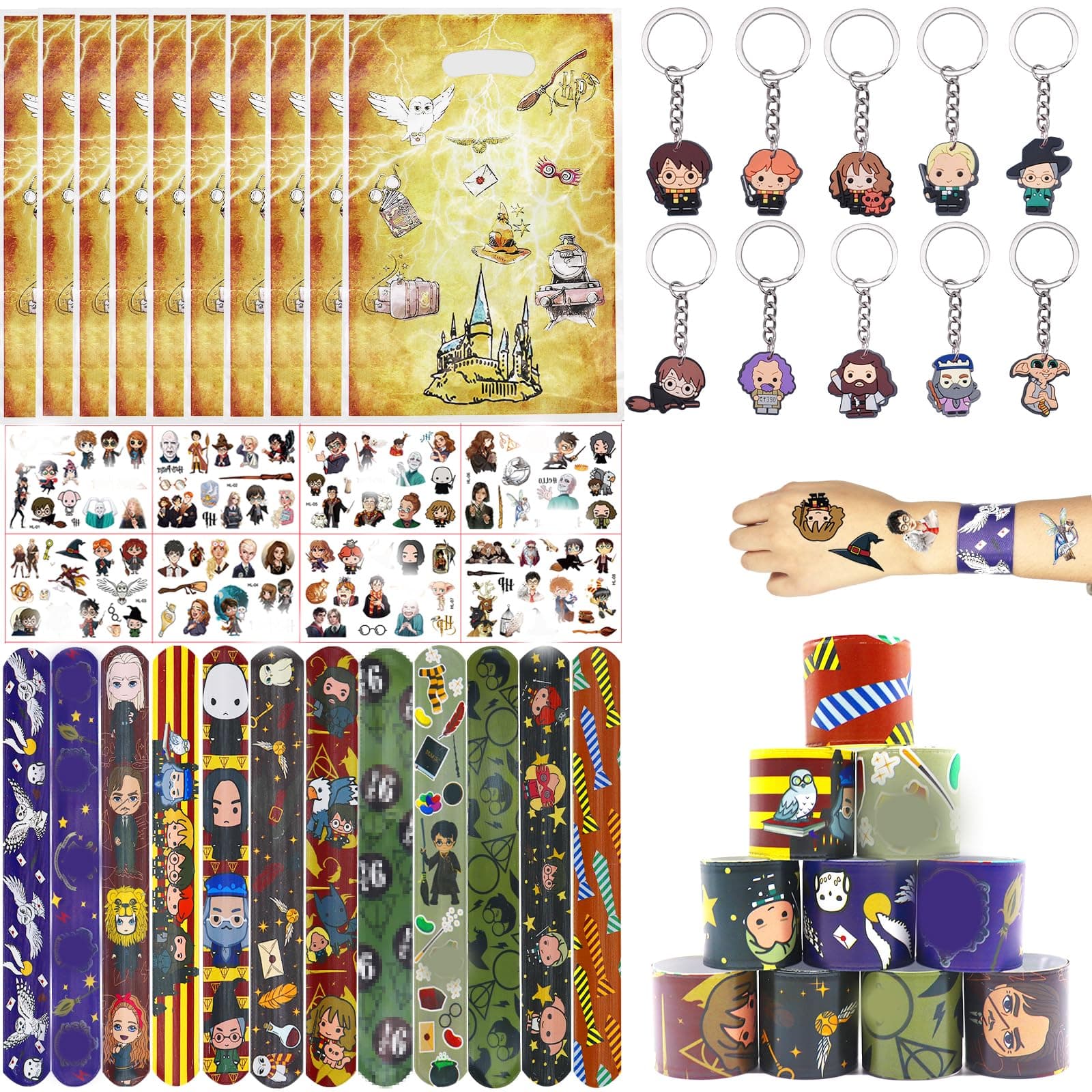 Wizard Harry Party Bag Fillers for Kids Boys Girls, 40 Pcs Harry Themed Assorted Toys Pinata Filler with Slap Bands Stickers Keychains Gift Bags Lucky Dip Prize Party Favours for Birthday Gift
