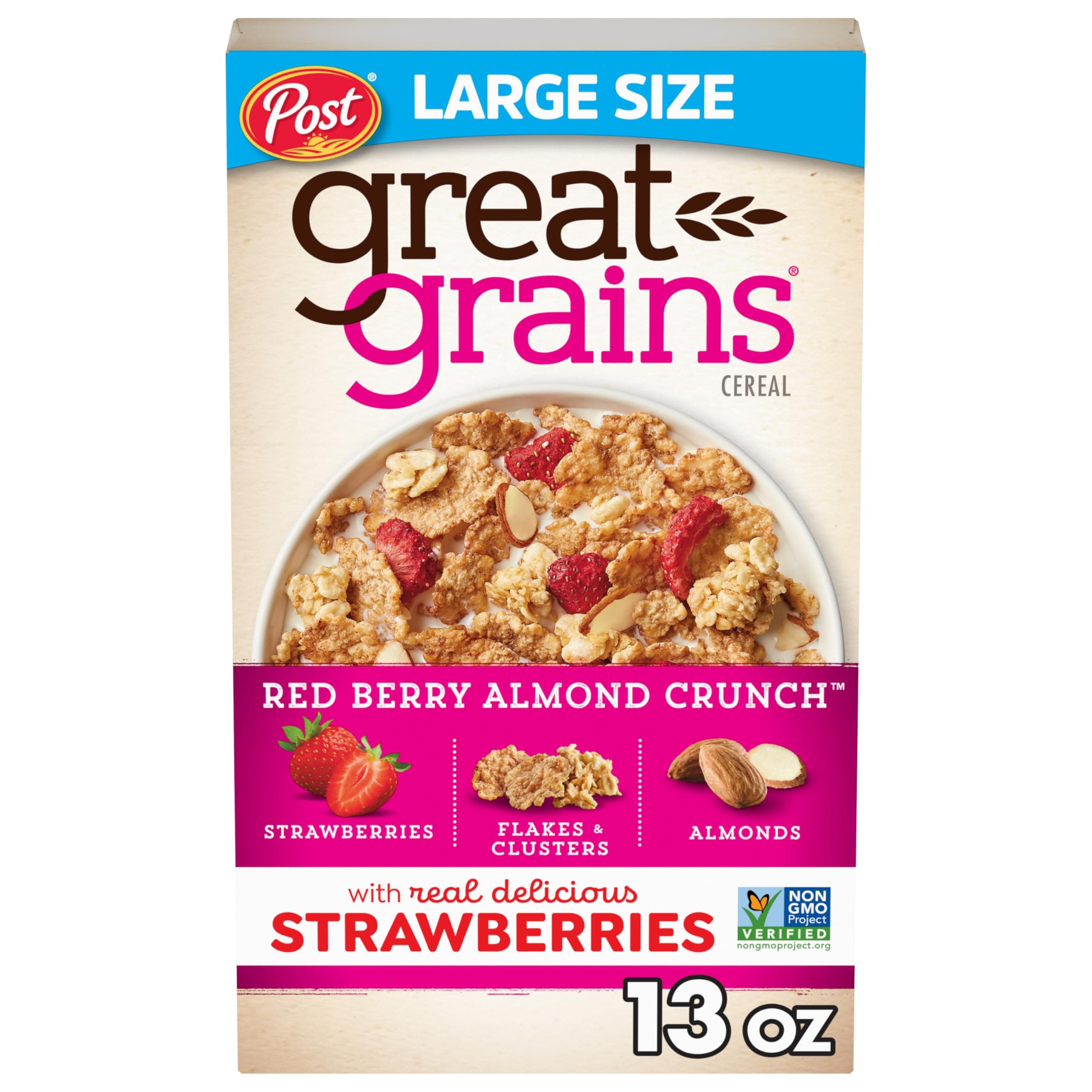 Red Berry Almond Crunch Cereal, Strawberry Cereal with Granola Clusters and Sliced Almonds, Non-GMO Project Verified, 13 OZ Box