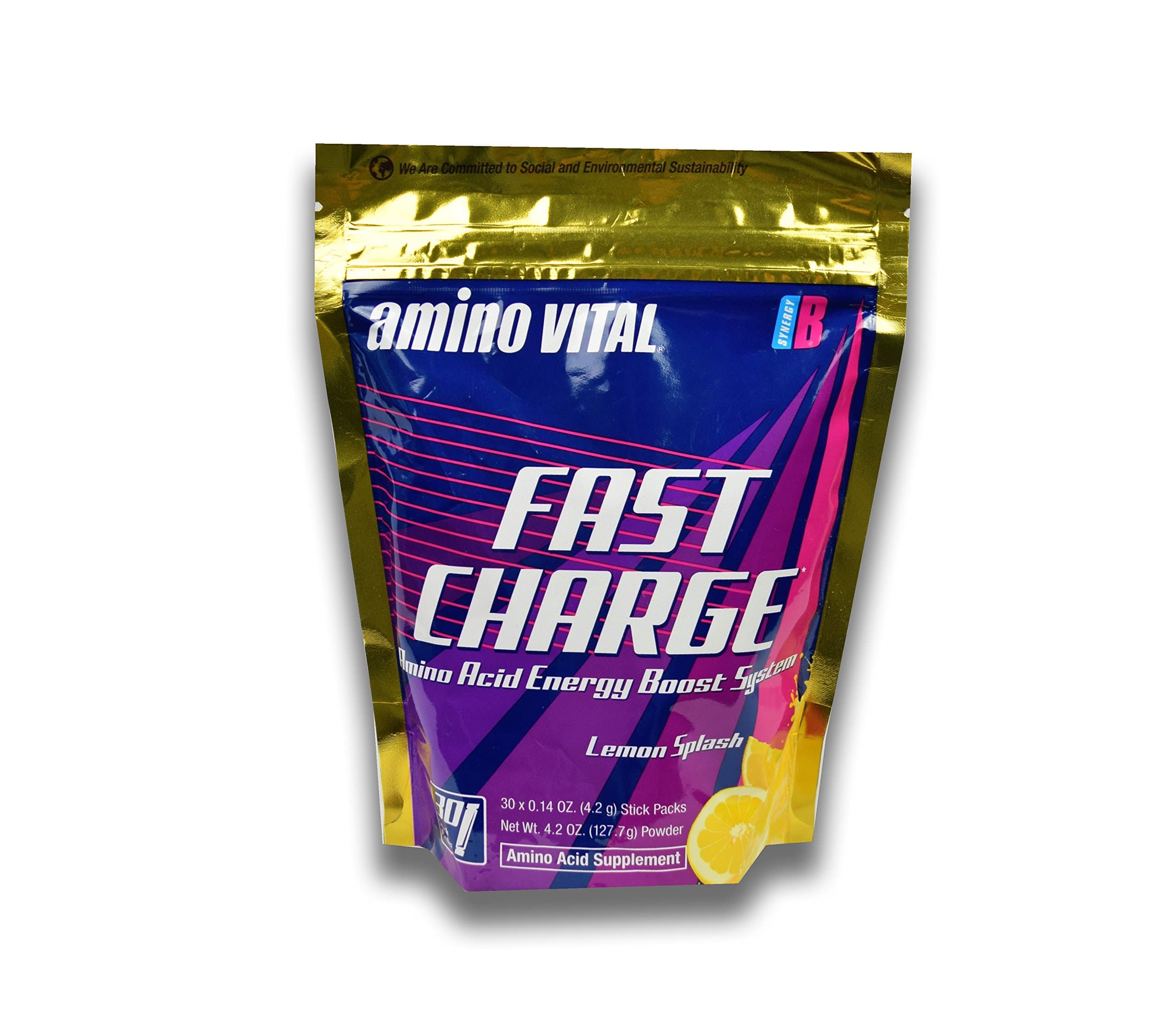 Amino Vital Fast Charge - Amino Acids (BCAAs, Glutamine, Arginine) + B-Vitamins Dry Powder Energy Shot, Lemon Splash, 30 x 4.2g Single-Serve Stick Packs, 4.2oz Pouch