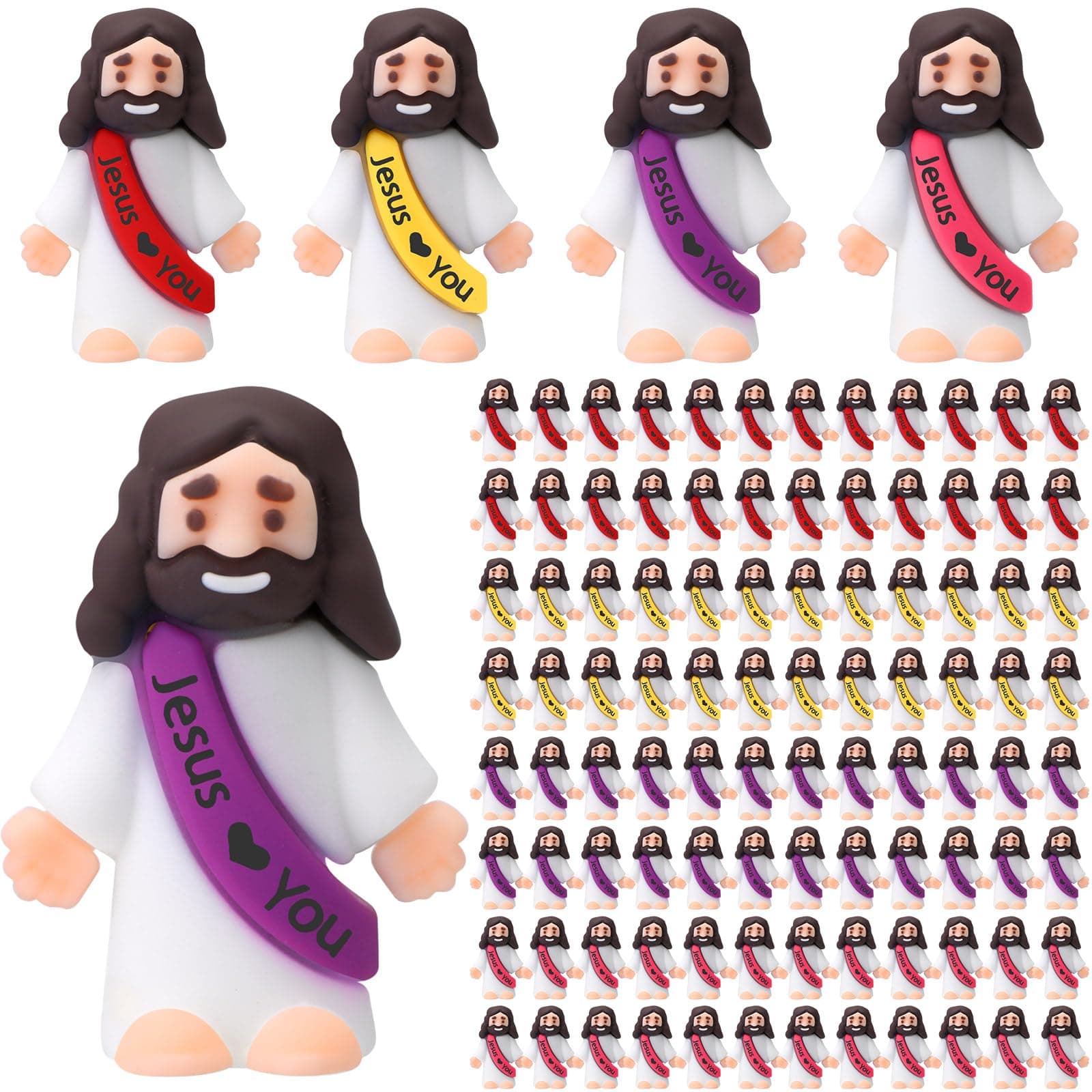 Bememo 100 Pcs Little Jesus Figures Jesus Loves You Original Design Rubber Pocket Toys Little Figures to Hide and Seek Sunday School Religious Party Share Gifts(Bright Colors)