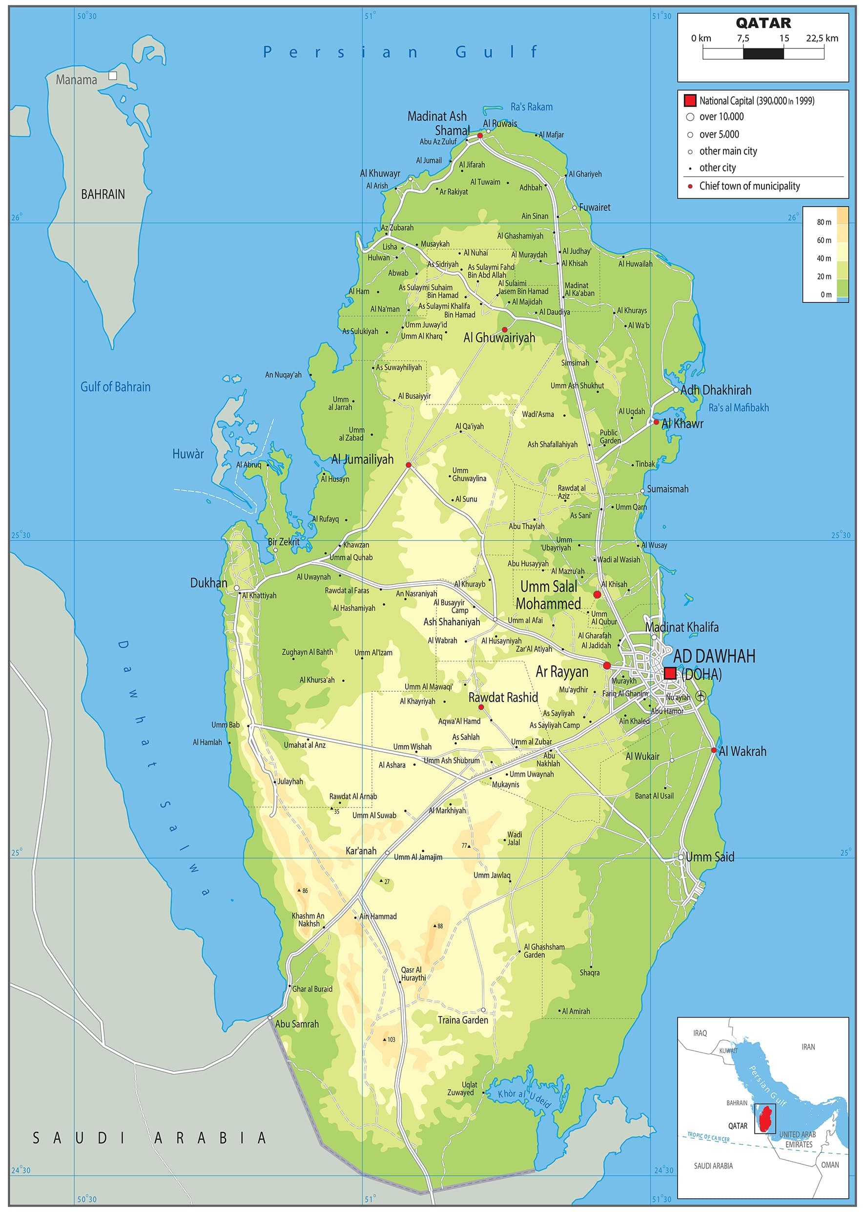 Physical Map of Qatar - Size A2-42 x 59.4 cm - Paper Laminated