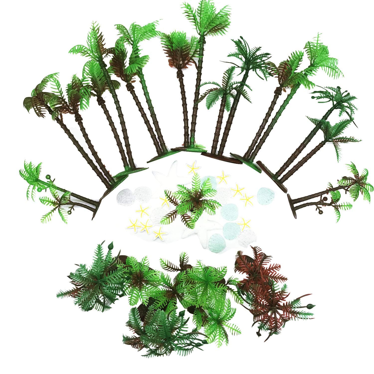 42 PCS Coconut Palm Tree, Allazone 20 PCS Mini Plastic Artificial Palm Tree, 22 PCS Shell and Starfish for Cupcake Topper, Cake Decorations, Aquarium Plants, Building Model Landscape