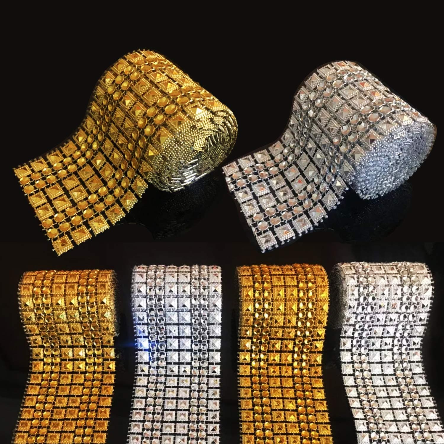 6 Row 2 Colors 1 M Acrylic Pyramid Rhinestone Diamond Ribbon with Self Adhesive Hook and Loop Tape for Wedding Cakes, Birthday Decorations, Baby Shower and Crafts Projects by Allazone (6 PCS)