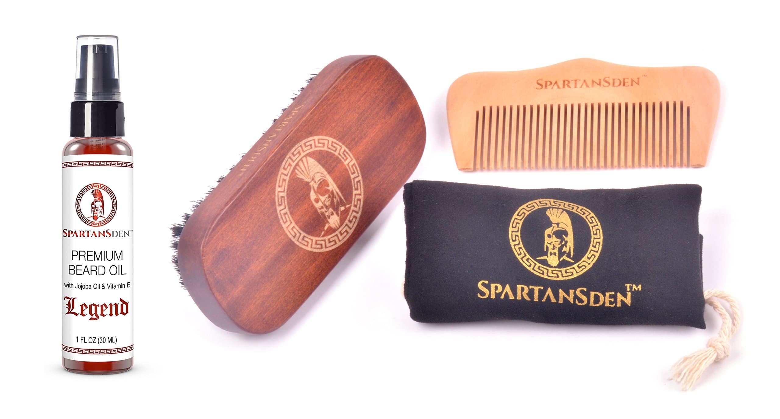 Sale | Spartans Den Beard Care Kit | 100% Boar Beard Brush, Pearwood Beard Comb, Premium Beard Oil & Travel Bag | 100% Satisfaction Guaranteed